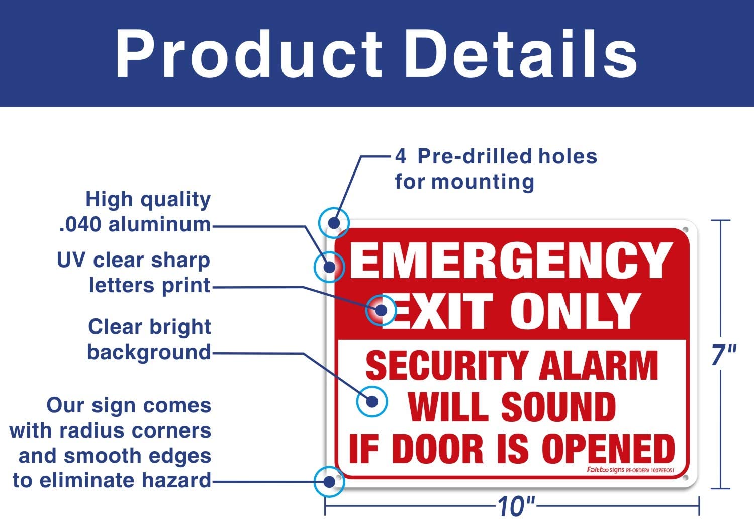 Emergency Exit Only Sticker, Emergency Exit Only - Security Alarm Will Sound If Door Is Opened Label, 10 x 7 inch Self-Adhesive Vinyl Decal Stickers, Reflective, UV Protected, Waterproof