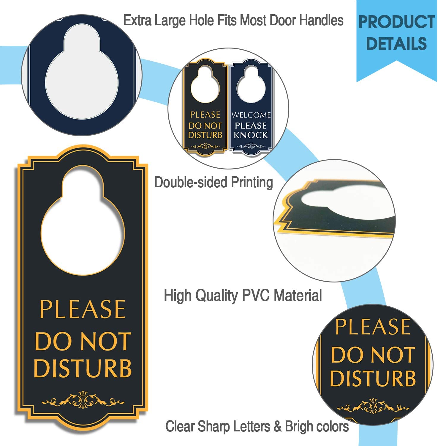 Do Not Disturb Door Hanger - Welcome Please Knock Door Sign, Black/Blue Double Sided, 4 x 9 inches PVC Plastic Perfect for Home, Clinic, Dorm, Hotel, Office, Spa, Law Firm, Massage