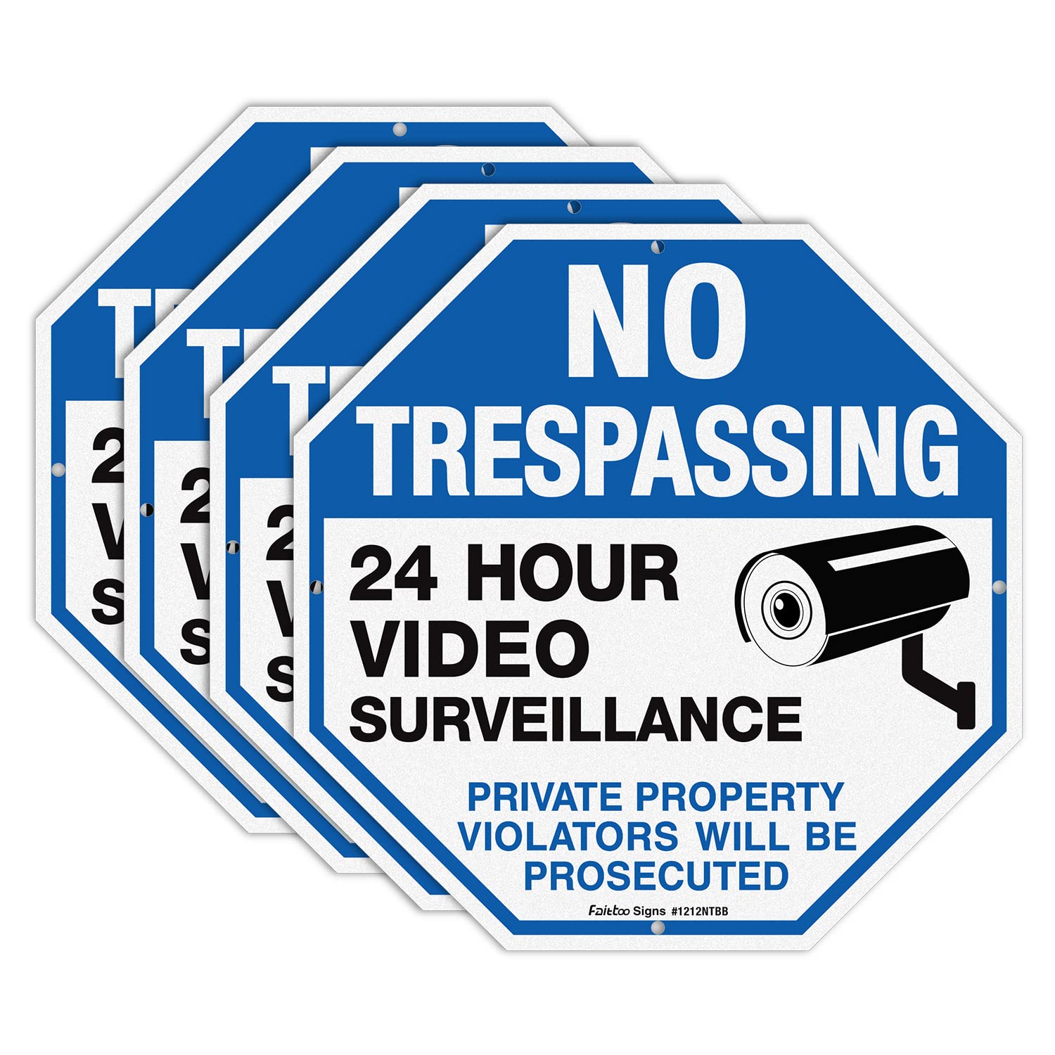 2-Pack No Trespassing Sign Private Property Protected By Video Surveillance Violators Will Be Prosecuted Sign, 12 x 12 Inch Reflective Aluminum, UV Protected, Weather/Fade Resistant, Easy to Install