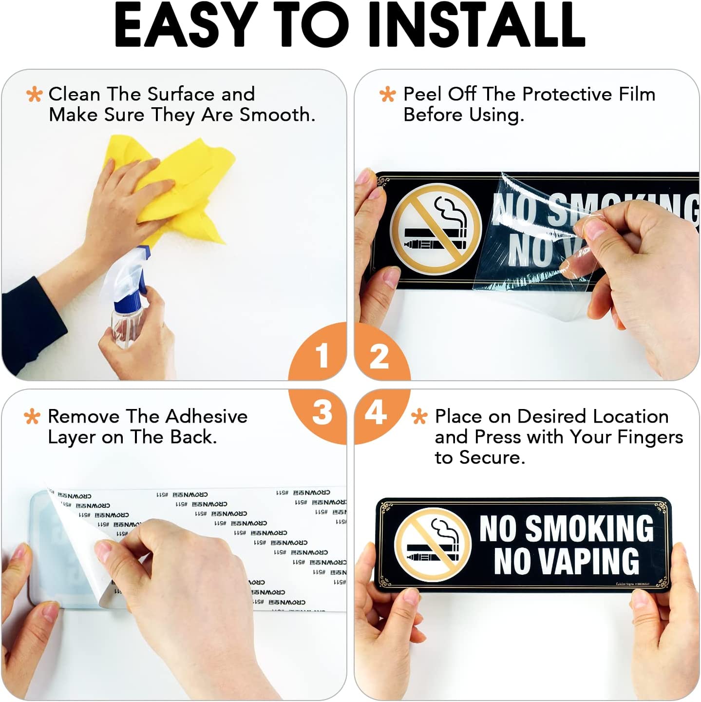 No Smoking No Vaping Sign, (4 Pack) 9 X 3 Inch, Self-Adhesive, Use for