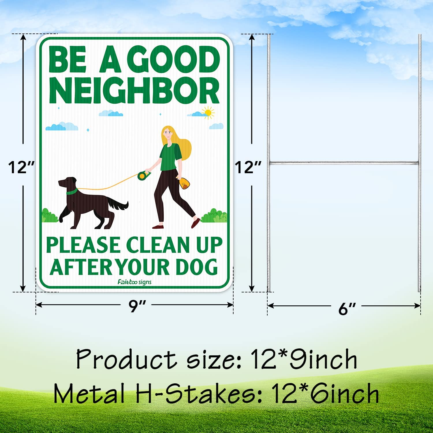 Be a Good Neighbor Clean Up After Your Dog 12 x 9 Inches Yard Sign with Metal Wire H-Stakes, Double Sided, No Pooping Dog Lawn Signs, Waterproof, Weather Resistant, Easy to Mount