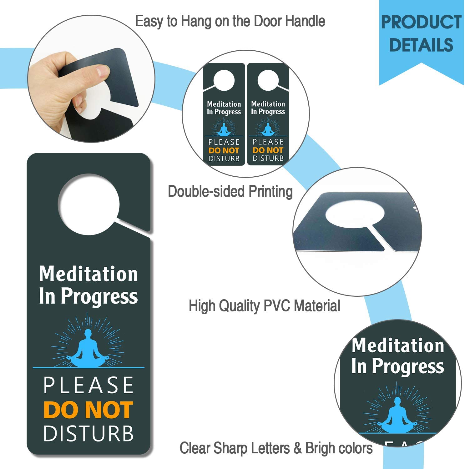 Meditation In Progress Door Hanger, Do Not Disturb Sign, 3.5 x 8.7 Inch Double Sided Premium Quality PVC Plastic, UV Printed, Long Lasting, Weatherproof, Meditation Décor for Room