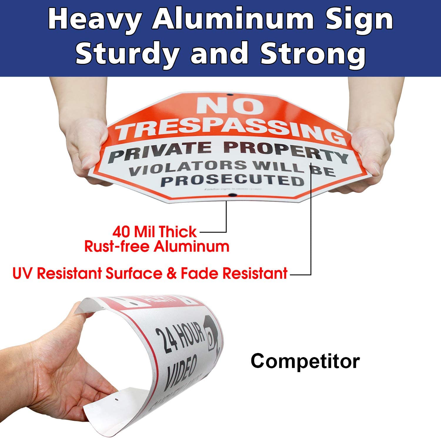 No Trespassing Sign, Private Property Violators Will Be Prosecuted Sign, 12 x 12 Inches Octagon, .040 Rust Free Aluminum, UV Protected and Waterproof, Weather Resistant, Durable Ink, Easy to Mount