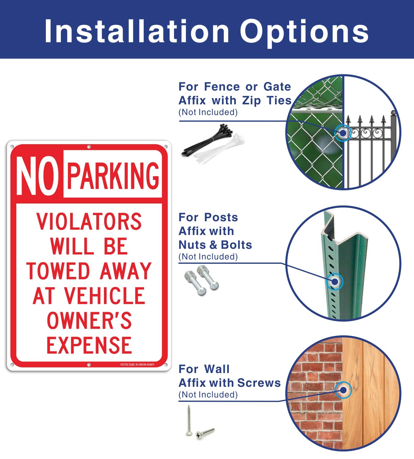 No Parking Sign 2 Pack, Violators Will Be Towed Away at Vehicle Owners Expense, 14 X 10 Reflective .40 Rust Free Aluminum, UV Protected, Weather Resistant, Waterproof, Durable Ink，Easy to Mount