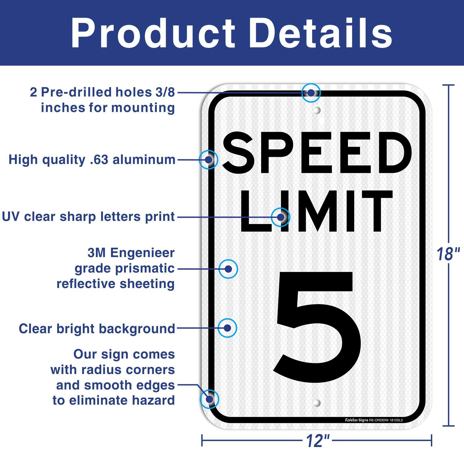 (2 Pack) Speed Limit 5 MPH Sign, 18 x 12 Inches Engineer Grade Reflective Sheeting, Rust Free Aluminum, Weather Resistant, Waterproof, Durable Ink, Easy to Mount