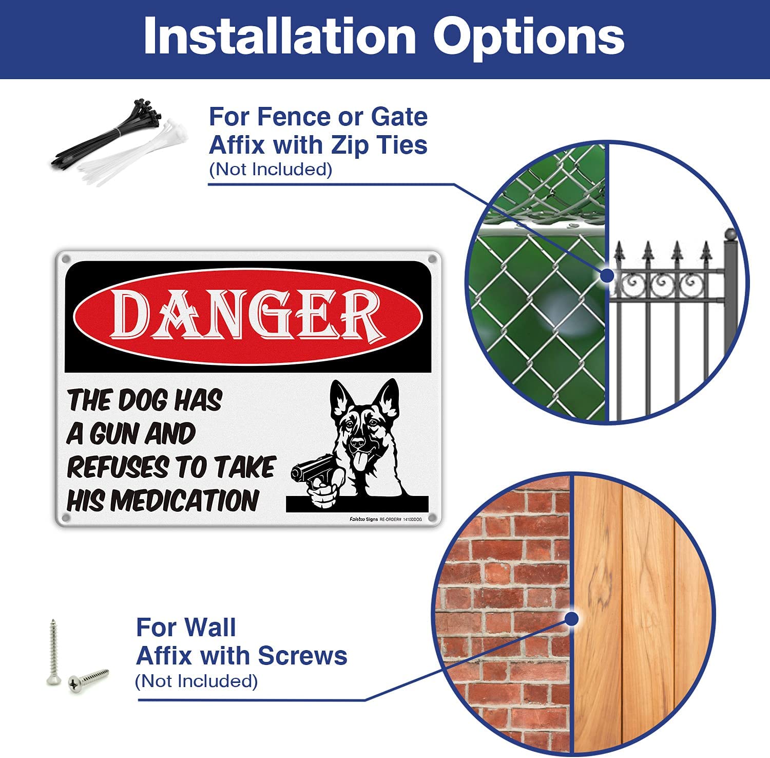 Danger - Dog Has A Gun and Refuses to Take His Medications Sign,Beware of Dog Sign Funny| 14 x 10 In Reflective Aluminum, Weather/Fade Resistant, Easy Mounting, Indoor/Outdoor