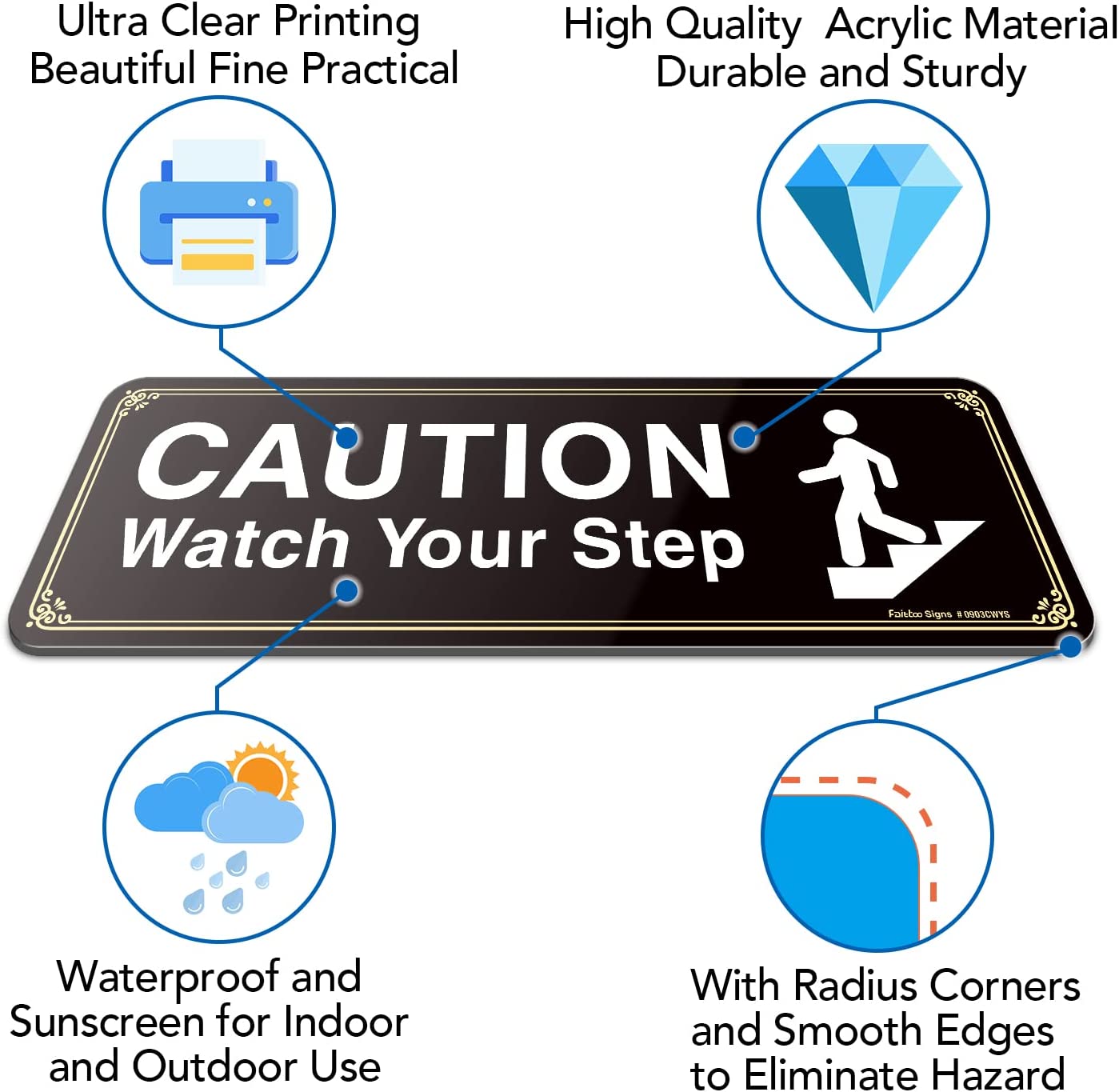 Caution Watch Your Step Sign, (4 Pack) 9 X 3 Inch, Self-Adhesive, Use for Home Office/Business, Easy to Apply, White Big Letters on Black Plate