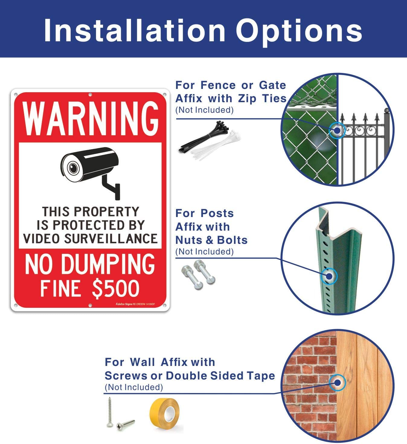Warning No Dumping, Fine $500, Property Protected by Video Surveillance Sign, 14 x 10 Inches .040 Rust-Free Aluminum , UV Protected, Weather Resistant, Waterproof, Durable Ink, Easy to Mount