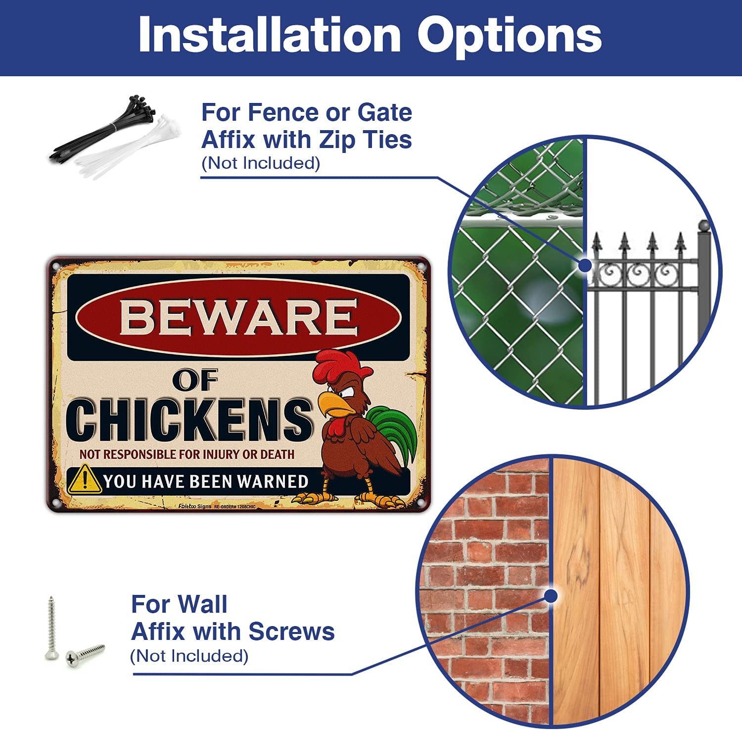 Beware of Chicken Sign, Chicken Coop Decor,8 x 12 Inch Rust Free Aluminum, Not Responsible for Injury or Death You Have Been Warned Vintage Metal Sign,Reflective,Weather/Fade Resistant, Easy to Mount