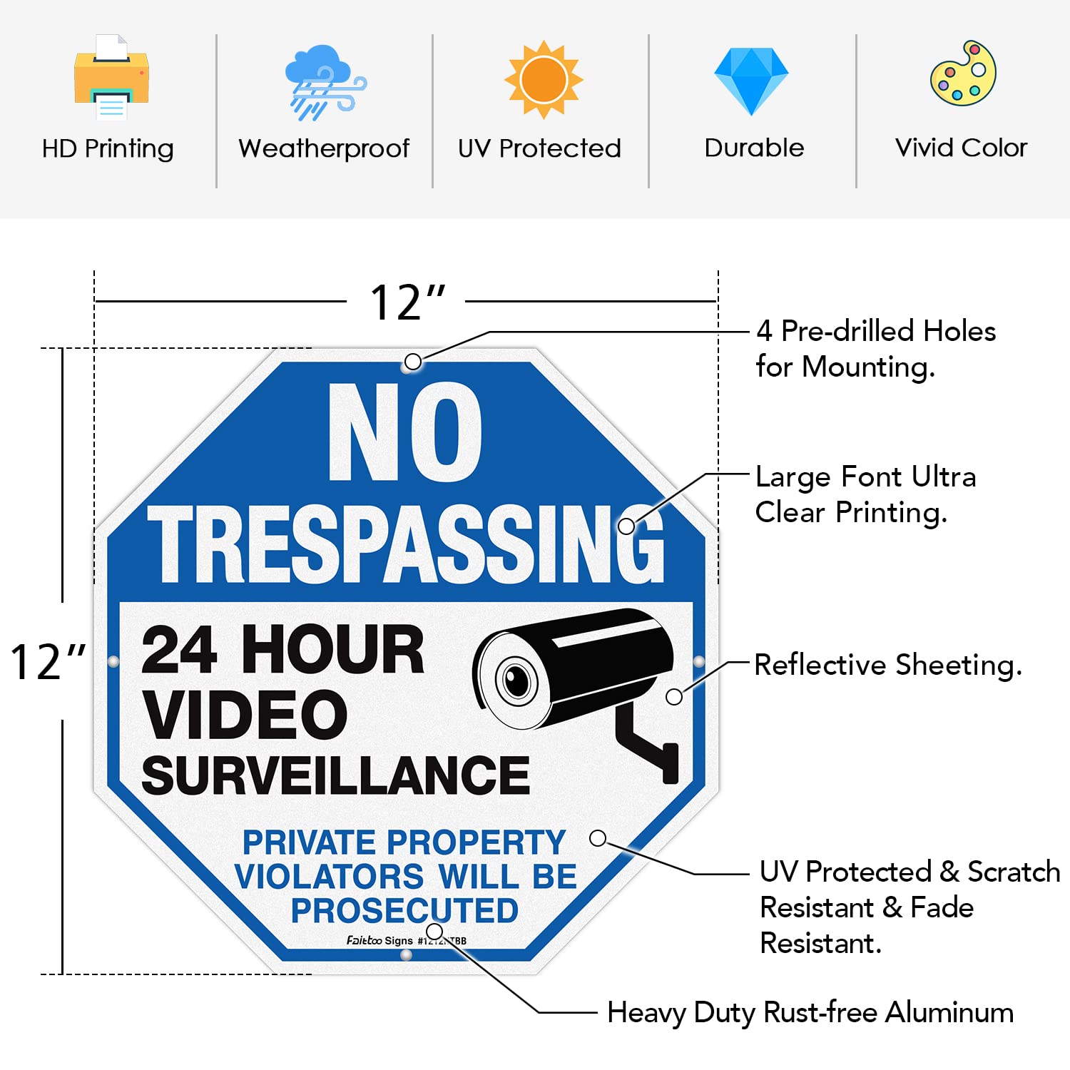 2-Pack No Trespassing Sign Private Property Protected By Video Surveillance Violators Will Be Prosecuted Sign, 12 x 12 Inch Reflective Aluminum, UV Protected, Weather/Fade Resistant, Easy to Install