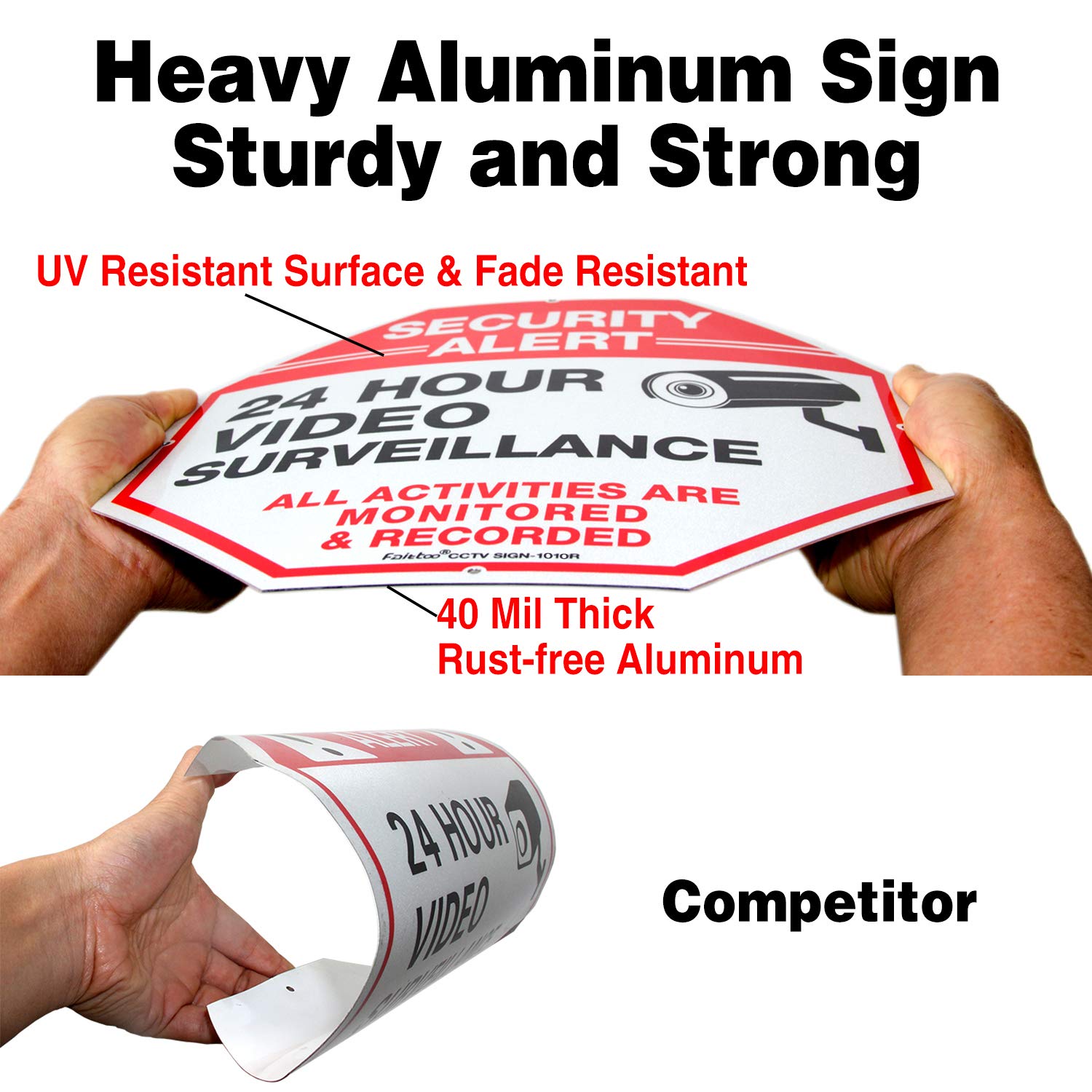 2-Pack Video Surveillance Sign, 10 x 10 Rust Free .040 Aluminum Security Warning Reflective Metal Signs, Indoor or Outdoor Use for Home Business CCTV Security Camera, UV Protected &amp; Waterproof,Red