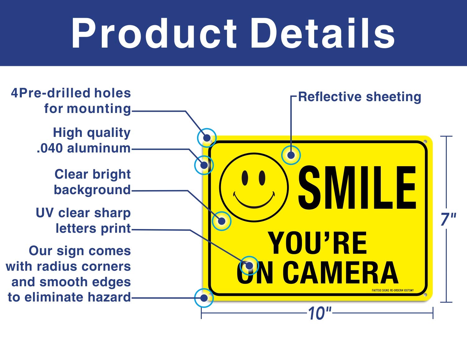 (4 Pack) Faittoo Smile You're On Camera Sign, 10x7 Reflective Rust Free .40 Aluminum, UV Protected, Weather Resistant, Durable Ink, Indoor & Outdoor Use for Home Business CCTV Security Camera