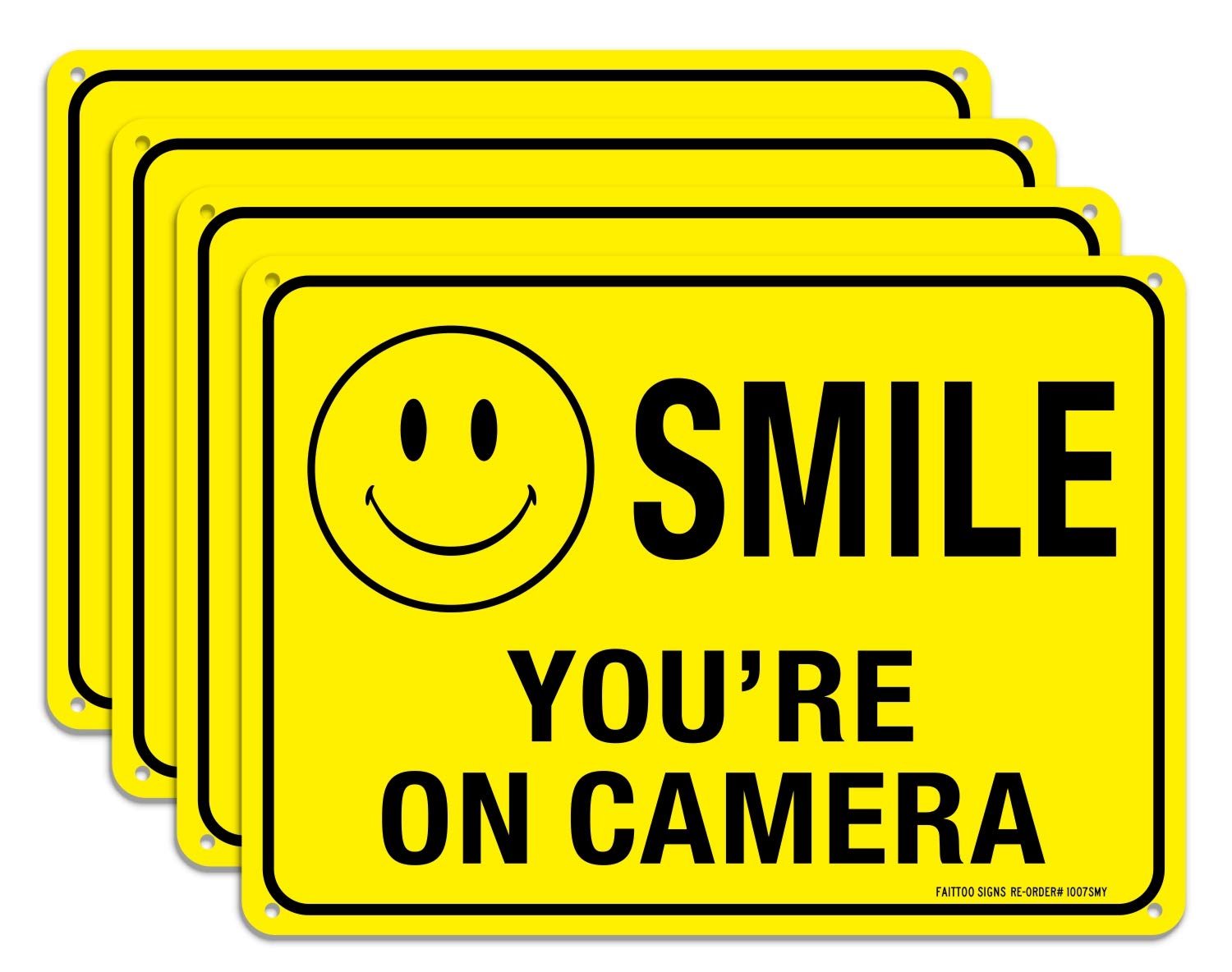 (4 Pack) Faittoo Smile You're On Camera Sign, 10x7 Reflective Rust Free .40 Aluminum, UV Protected, Weather Resistant, Durable Ink, Indoor & Outdoor Use for Home Business CCTV Security Camera