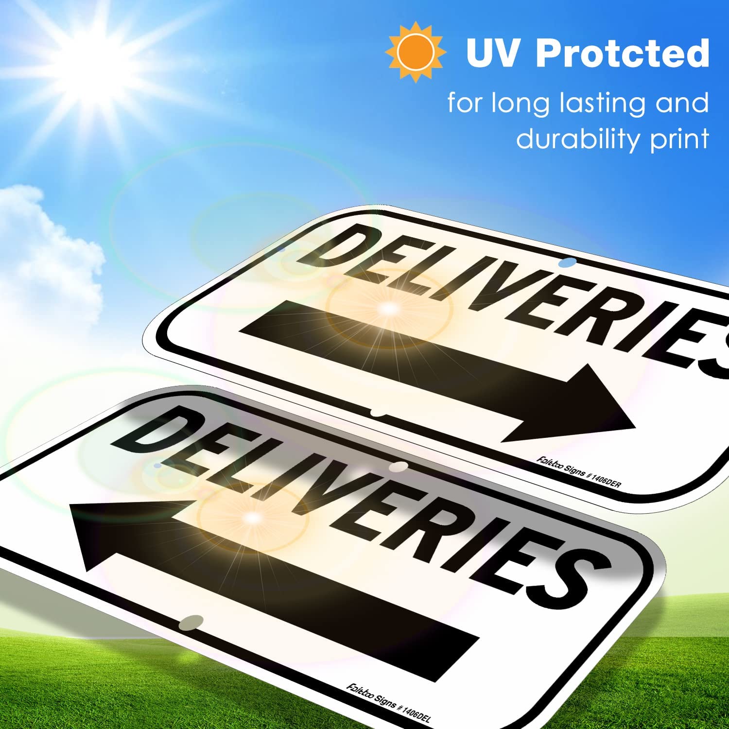 Deliveries Sign with Arrow,  Rectangle Rust Free Aluminum Metal Sign,Weather/Fade Resistant,Easy to Mount,Black on White,Indoor/Outdoor Use (Left)