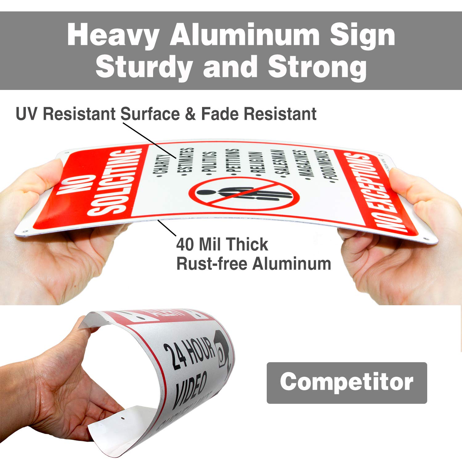 No Soliciting Sign for House, No Exception Metal Reflective Warning Sign 2 Pack, Sturdy 10 X 7 Rust Free .040 Aluminum Sign Indoor &amp; Outdoor Use for Business, UV Protected &amp; Waterproof, Easy to Mount