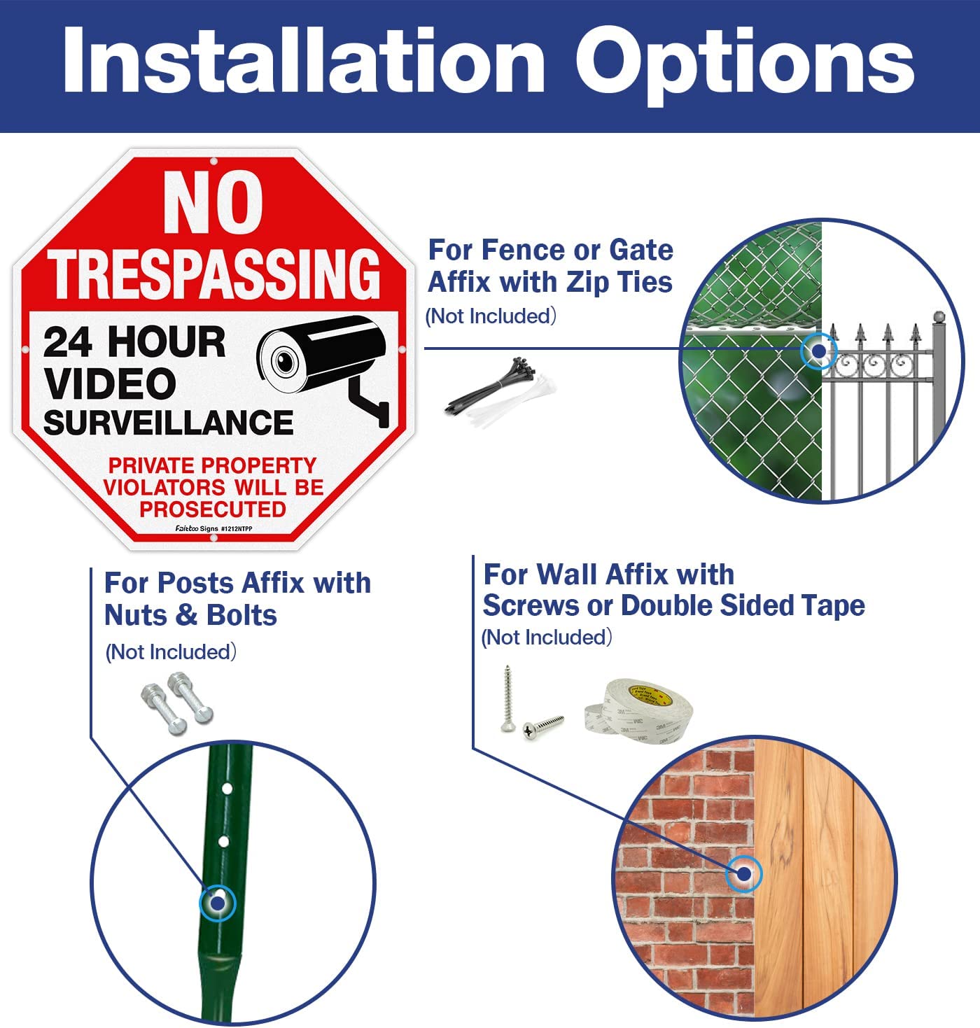 No Trespassing Sign Private Property Protected By Video Surveillance Violators Will Be Prosecuted Sign, 2-Pack 12 x 12 Inch Reflective Aluminum, UV Protected, Weather/Fade Resistant, Easy to Install