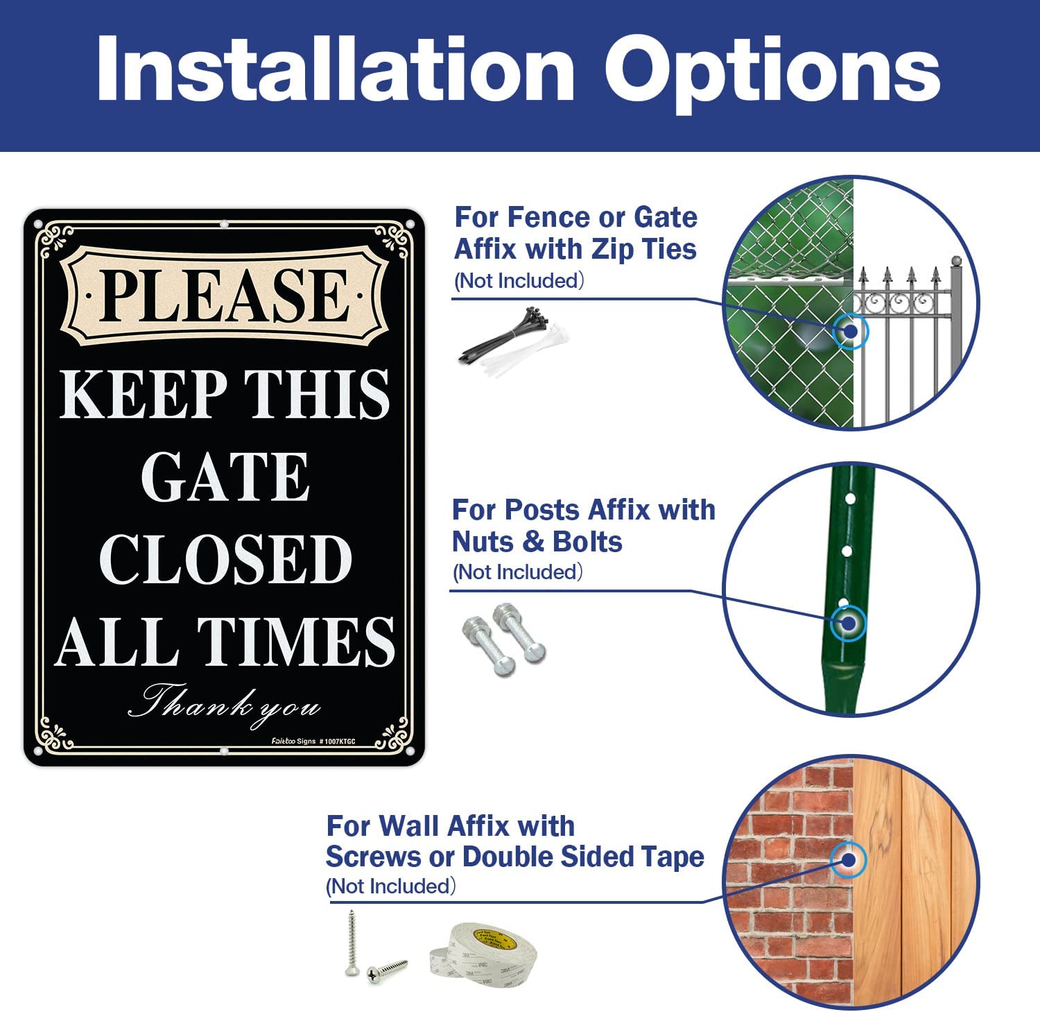 Please Keep This Gate Closed All Times Sign, 2-Pack 10 x 7 Inch Reflective Rust Free Aluminum, UV Protected, Weather/Fade Resistant, Easy to Install and Read, Indoor/ Outdoors Use