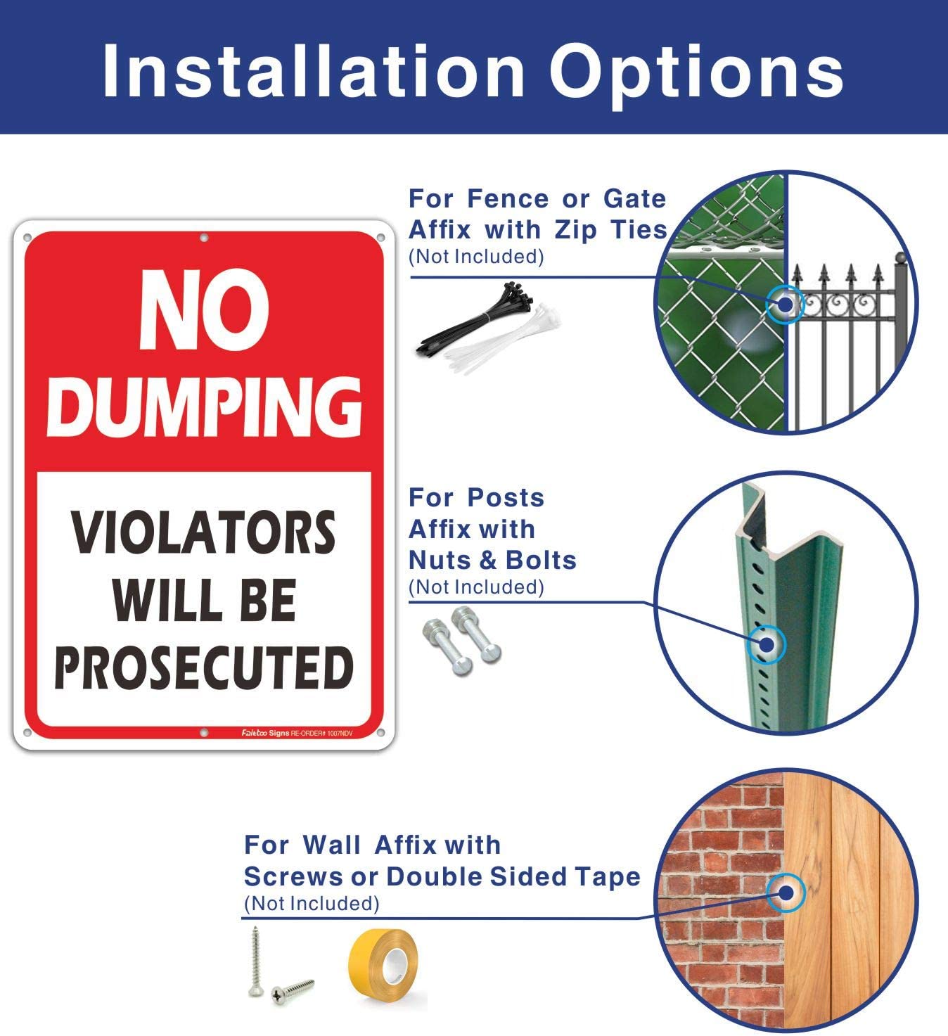 (2 Pack) No Dumping Sign, Violators Will Be Prosecuted Sign, 10" x 7" Rust Free .40 Aluminum, UV Protected, Weather Resistant, Waterproof, Durable Ink，Easy to Mount