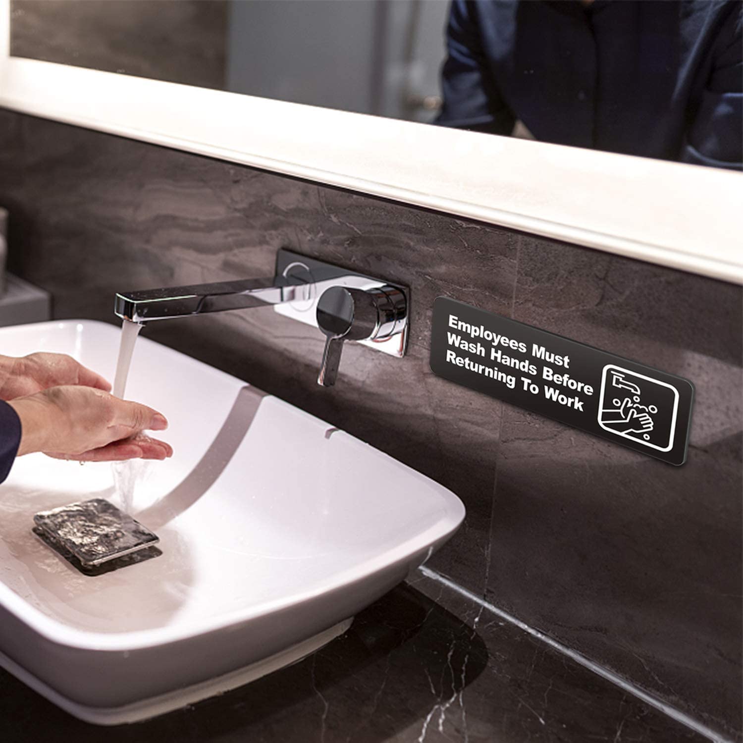 Employees Must Wash Hands Before Returning to Work Sign, (4 Pack) 9 x 3 Inch Acrylic Plastic Sign with Symbols, Self-adhesive, for Restaurant, Salons, Hotel, Motel, Rest Stops, Public Restrooms