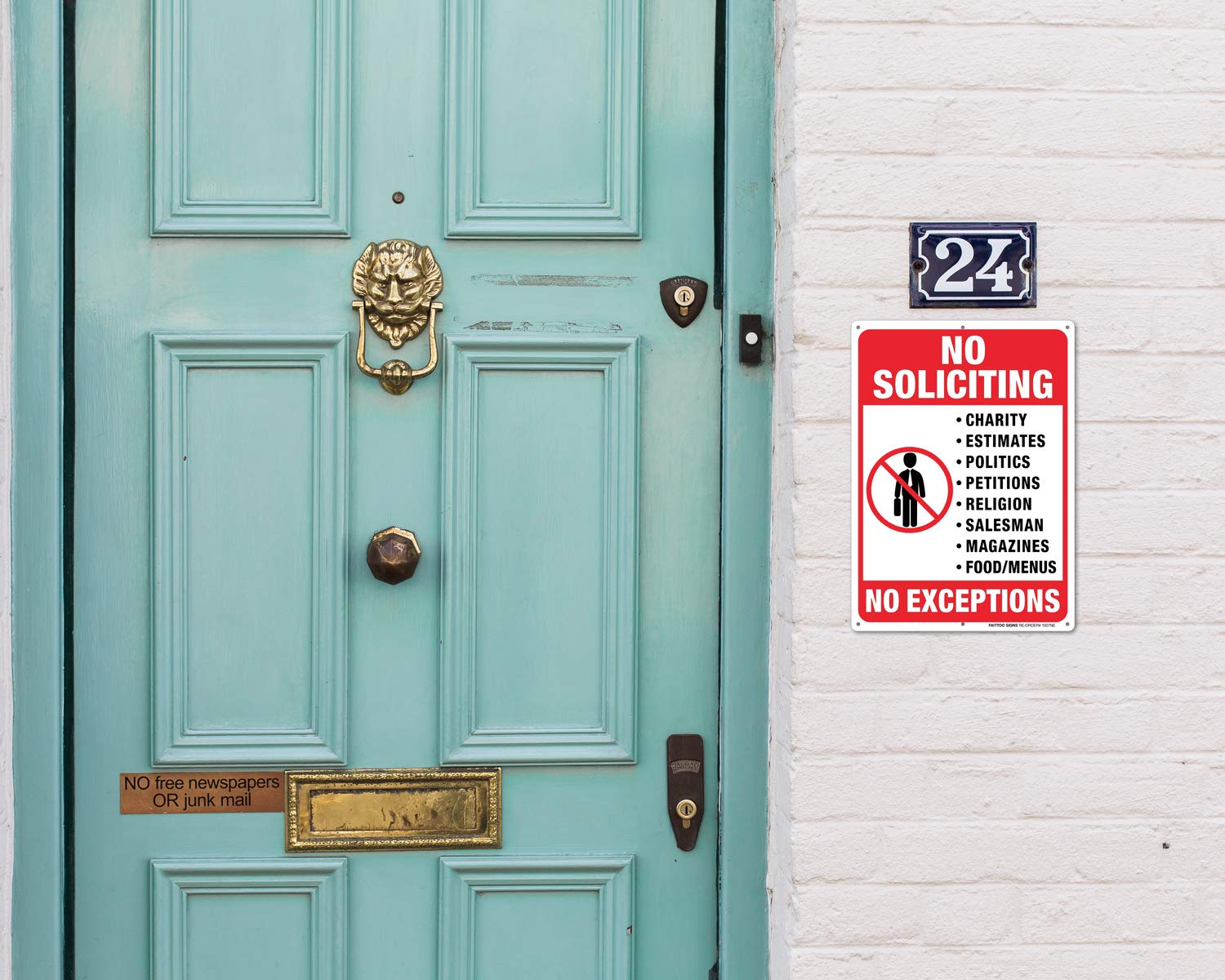 No Soliciting Sign for House, No Exception Metal Reflective Warning Sign 2 Pack, Sturdy 10 X 7 Rust Free .040 Aluminum Sign Indoor &amp; Outdoor Use for Business, UV Protected &amp; Waterproof, Easy to Mount