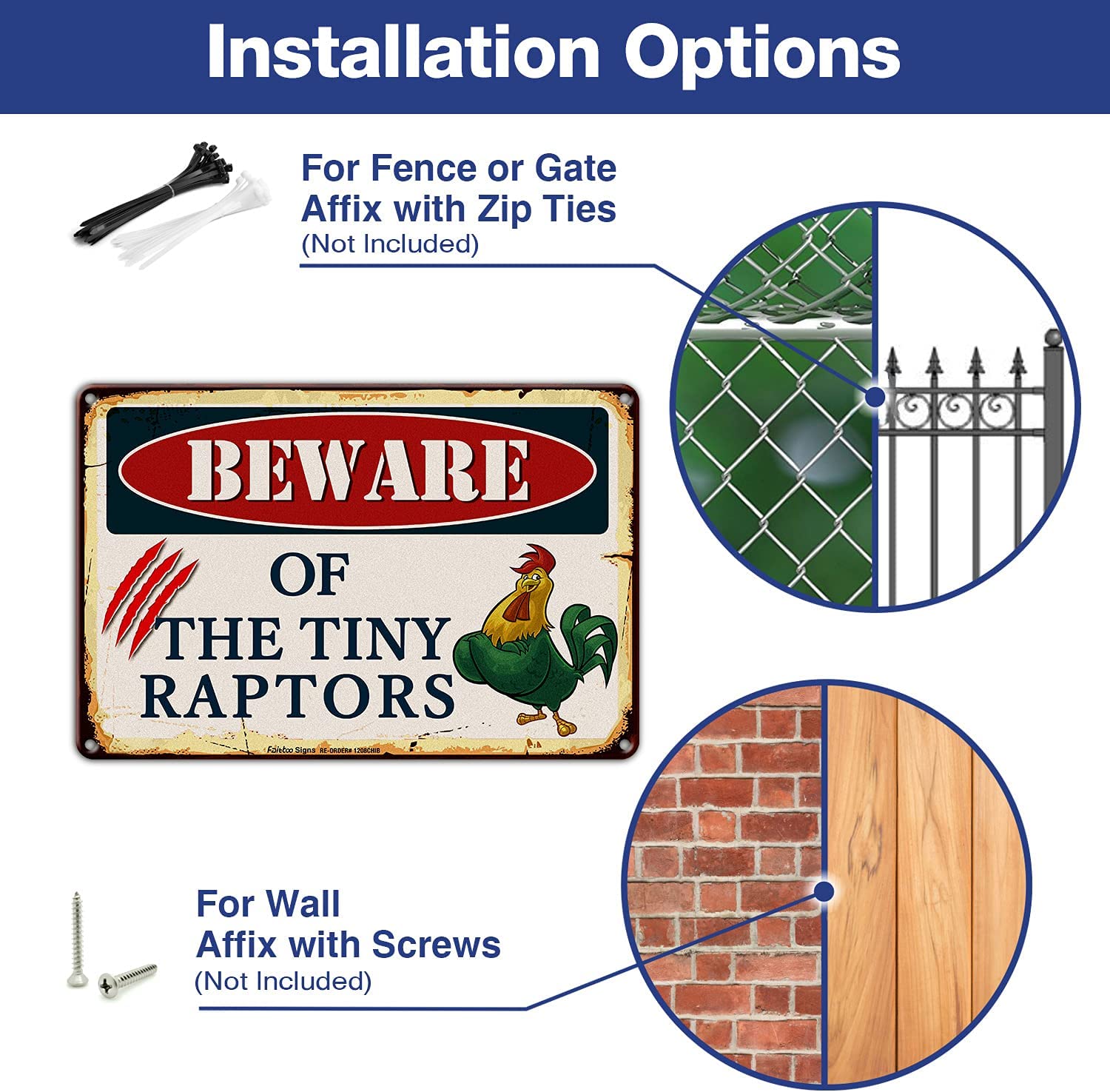 Beware of The Tiny Raptors Sign, Caution Tiny Raptors Sign, Chicken Sign, Chicken Coop Signs, 8 x 12 Inch Rust Free Aluminum Metal Chicken Decor, Reflective,Weather/Fade Resistant, Easy to Mount