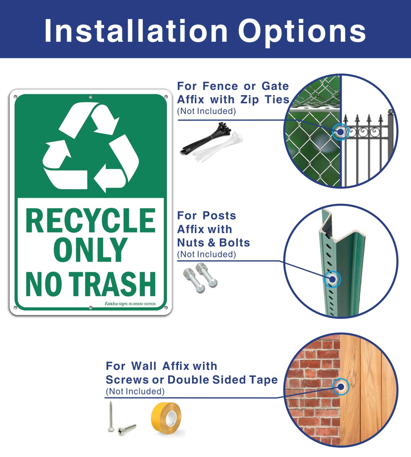 Recycle Only No Trash Sign, Recycling Sign, 2 Pack, 10" x 7" Rust Free .40 Aluminum, UV Protected, Weather Resistant, Waterproof, Durable Ink，Easy to Mount, Indoor/Outdoor Use