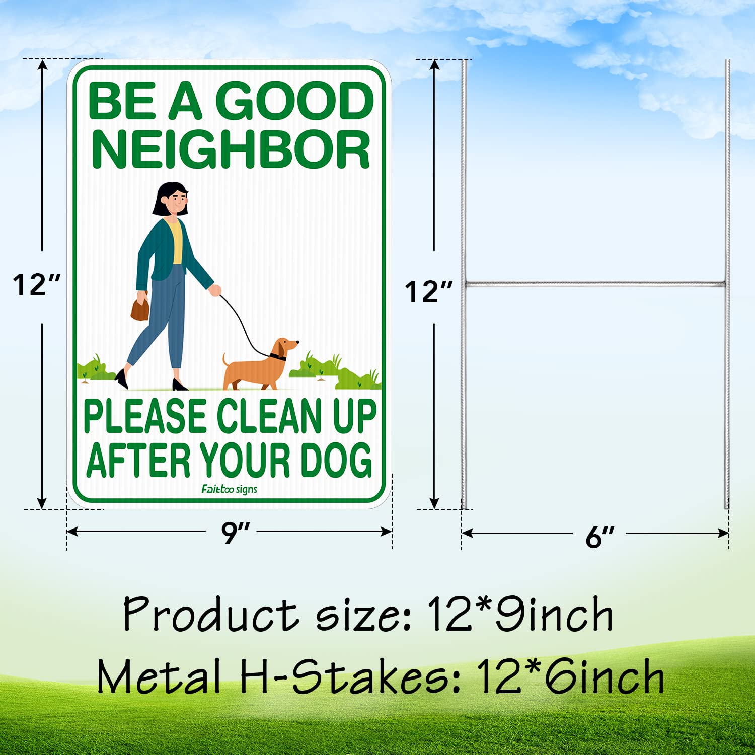 Clean Up After Your Dog Sign, 12 x 9 Clean Up After Your Pets Sign, Double Sided with Metal Wire H-Stakes Stands Corrugated Plastic, Waterproof, Weather Resistant, Easy to Mount, Non-fading