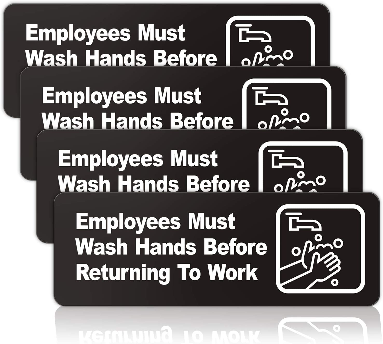 Employees Must Wash Hands Before Returning to Work Sign, (4 Pack) 9 x 3 Inch Acrylic Plastic Sign with Symbols, Self-adhesive, for Restaurant, Salons, Hotel, Motel, Rest Stops, Public Restrooms