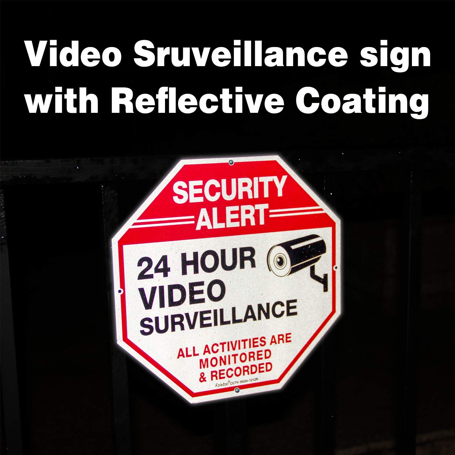 2-Pack Video Surveillance Sign, 10 x 10 Rust Free .040 Aluminum Security Warning Reflective Metal Signs, Indoor or Outdoor Use for Home Business CCTV Security Camera, UV Protected &amp; Waterproof,Red