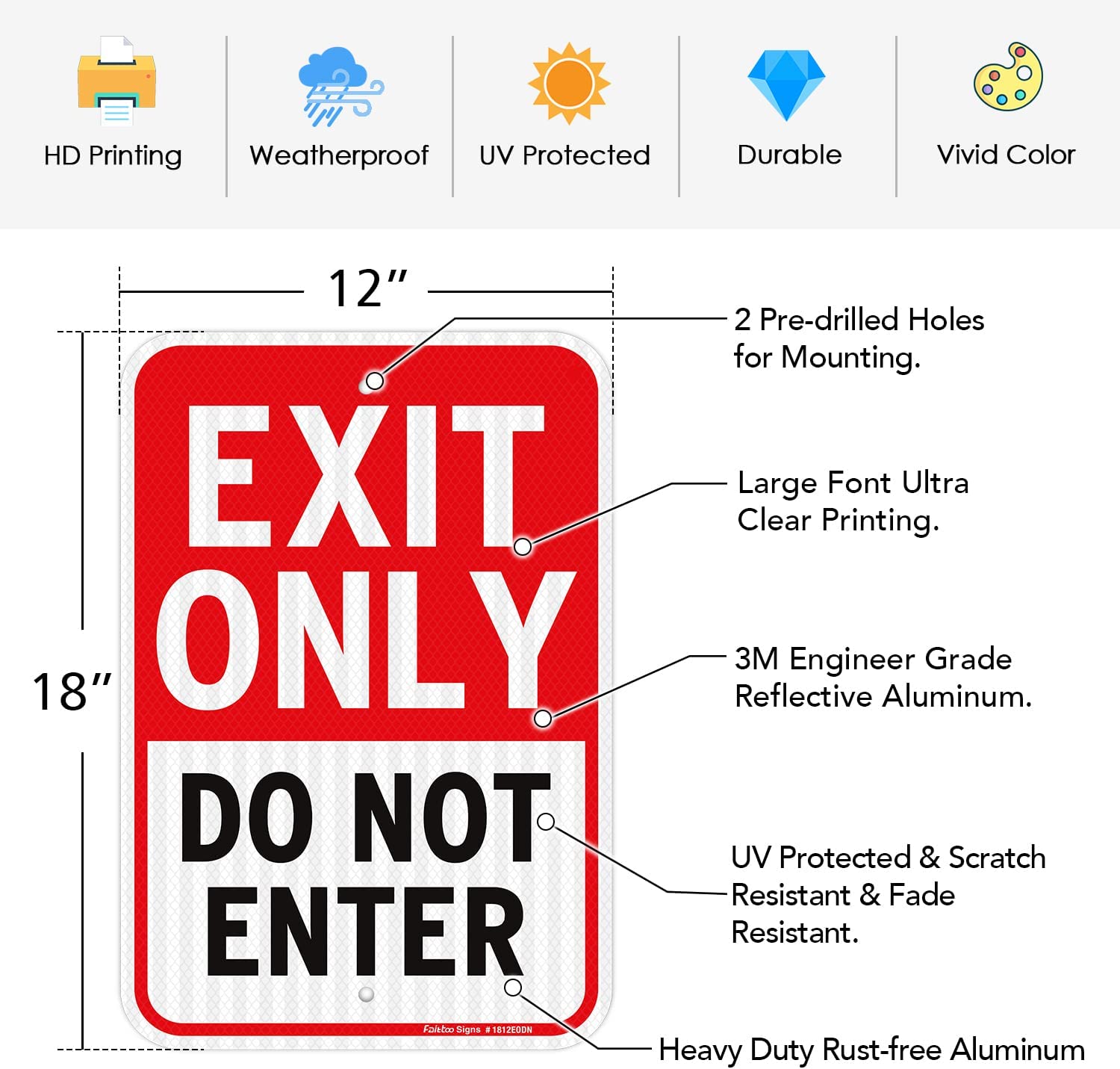 Faittoo Exit Only - Do Not Enter Sign, 18 x 12 Inches Engineer Grade Reflective Sheeting Rust Free Aluminum, UV Protected, Weather/Fade Resistant, Easy to Install and Read, Indoor/ Outdoors Use