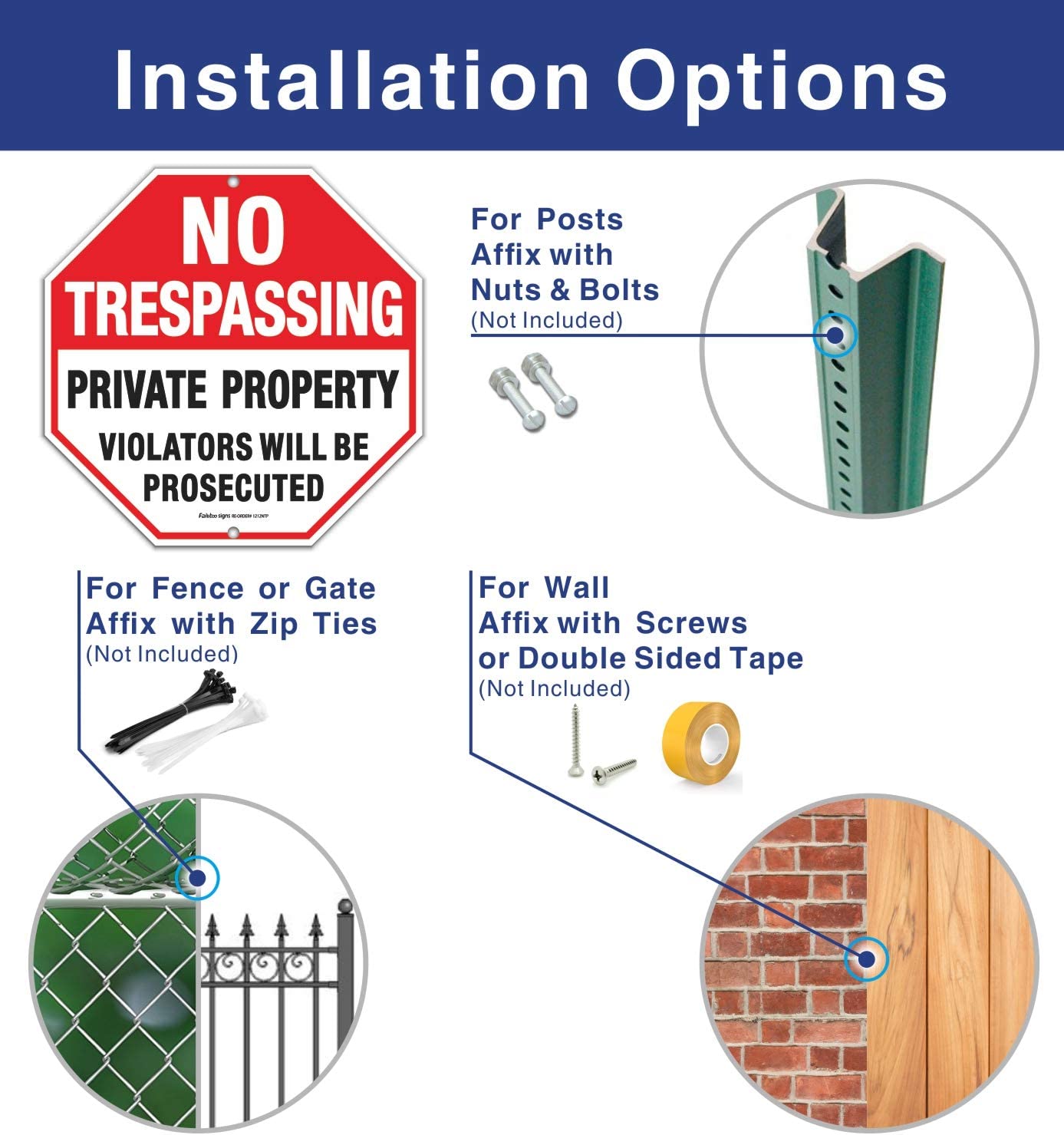 No Trespassing Sign, Private Property Violators Will Be Prosecuted Sign, 12 x 12 Inches Octagon, .040 Rust Free Aluminum, UV Protected and Waterproof, Weather Resistant, Durable Ink, Easy to Mount