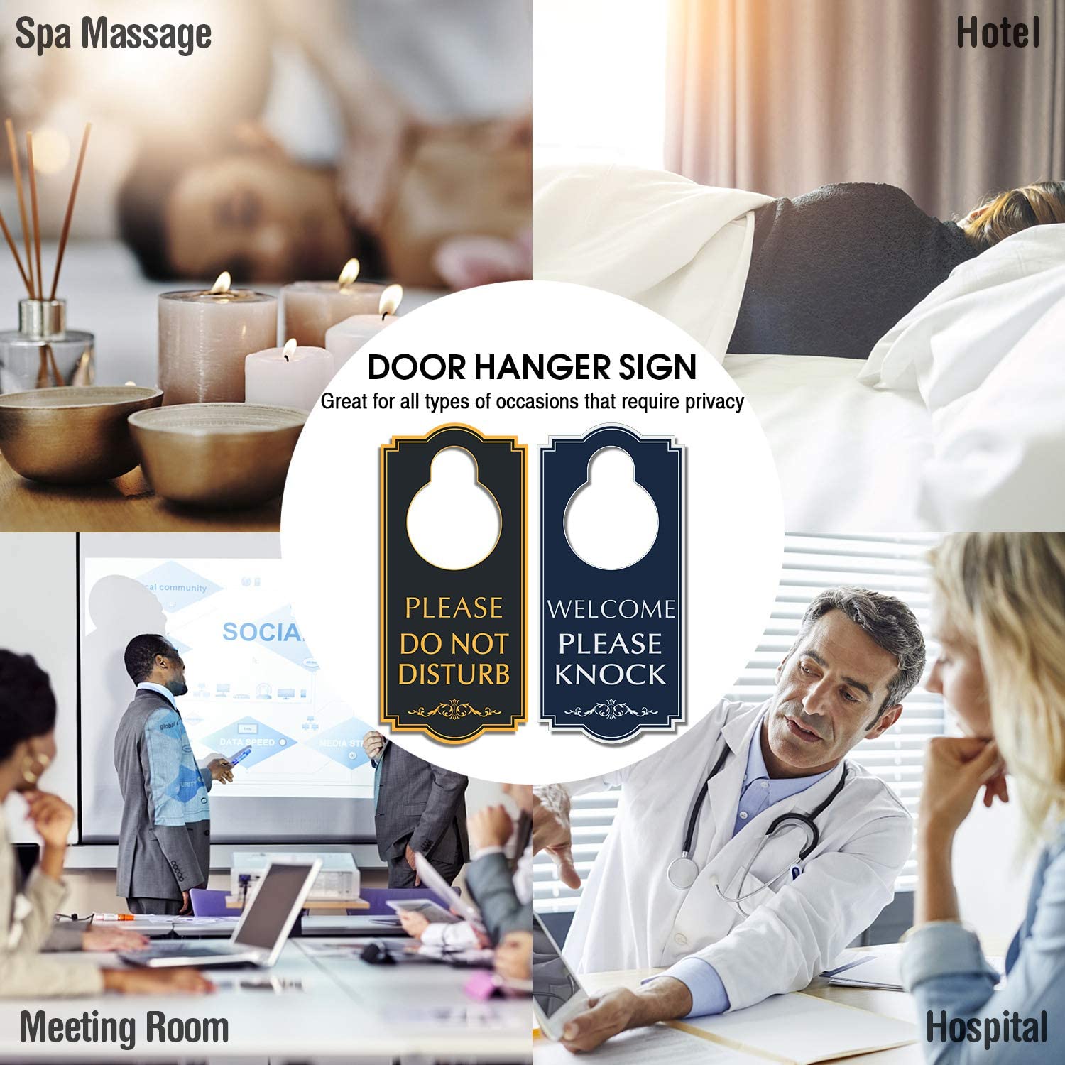 Do Not Disturb Door Hanger - Welcome Please Knock Door Sign, Black/Blue Double Sided, 4 x 9 inches PVC Plastic Perfect for Home, Clinic, Dorm, Hotel, Office, Spa, Law Firm, Massage