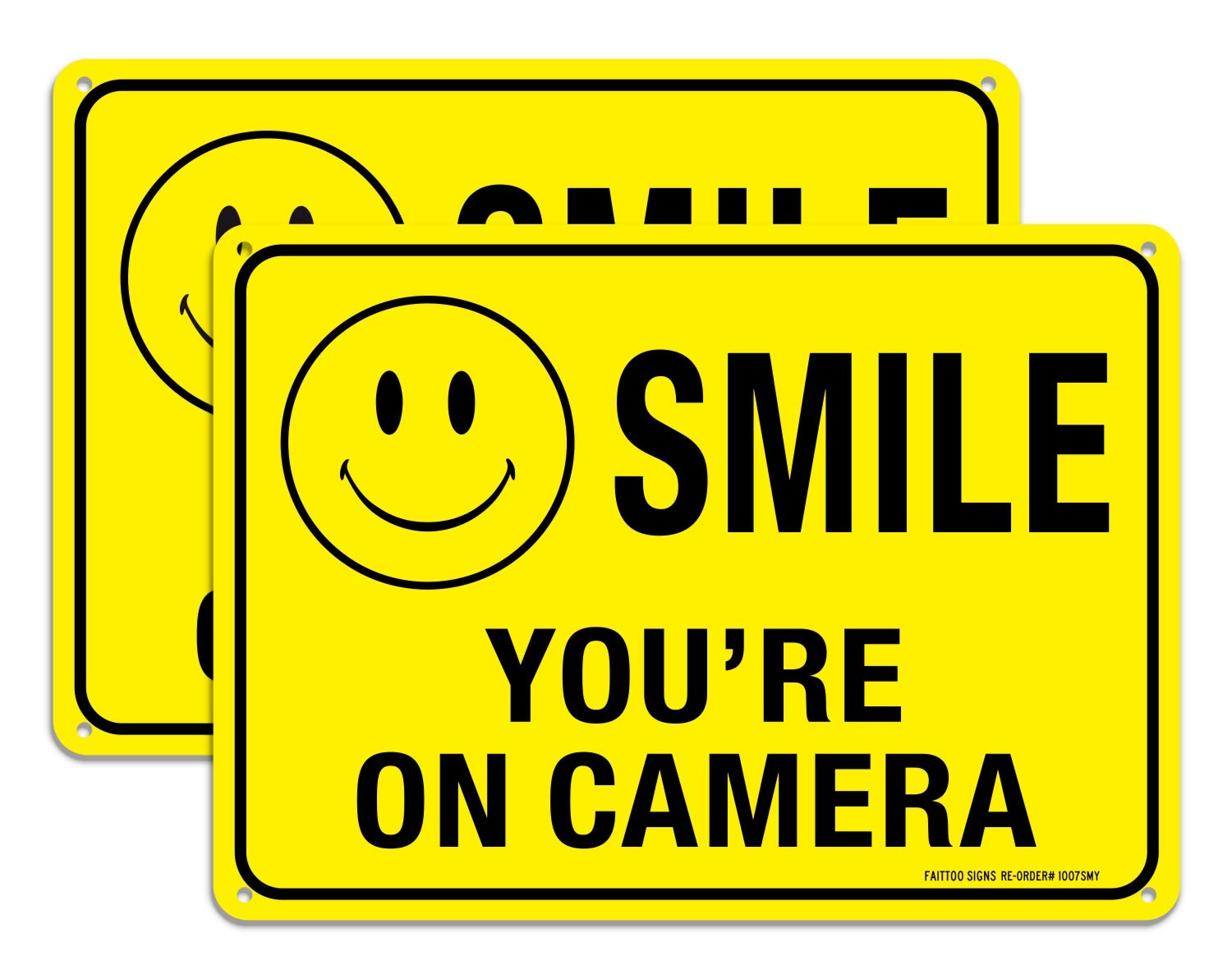 (2 Pack) Faittoo Smile You&#39;re On Camera Sign, Reflective 10x7 Rust Free .40 Aluminum, UV Protected, Weather Resistant, Durable Ink, Indoor &amp; Outdoor Use for Home Business CCTV Security Camera