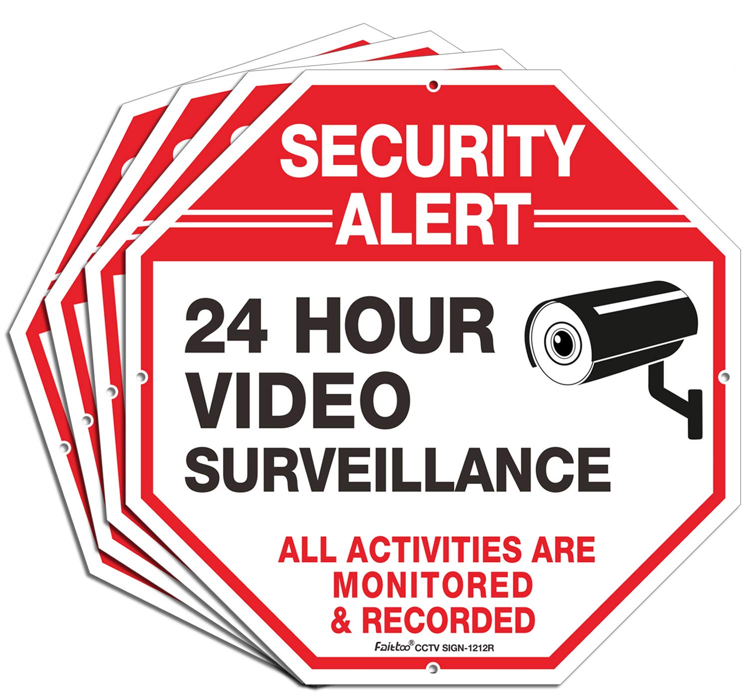Video Surveillance Signs, Security Signs,Octagon 12 x12 Inches 40Mil Thick Aluminum Reflective Sign for Home Business CCTV Security Camera, UV Protected &amp; Waterproof, 4 Pack