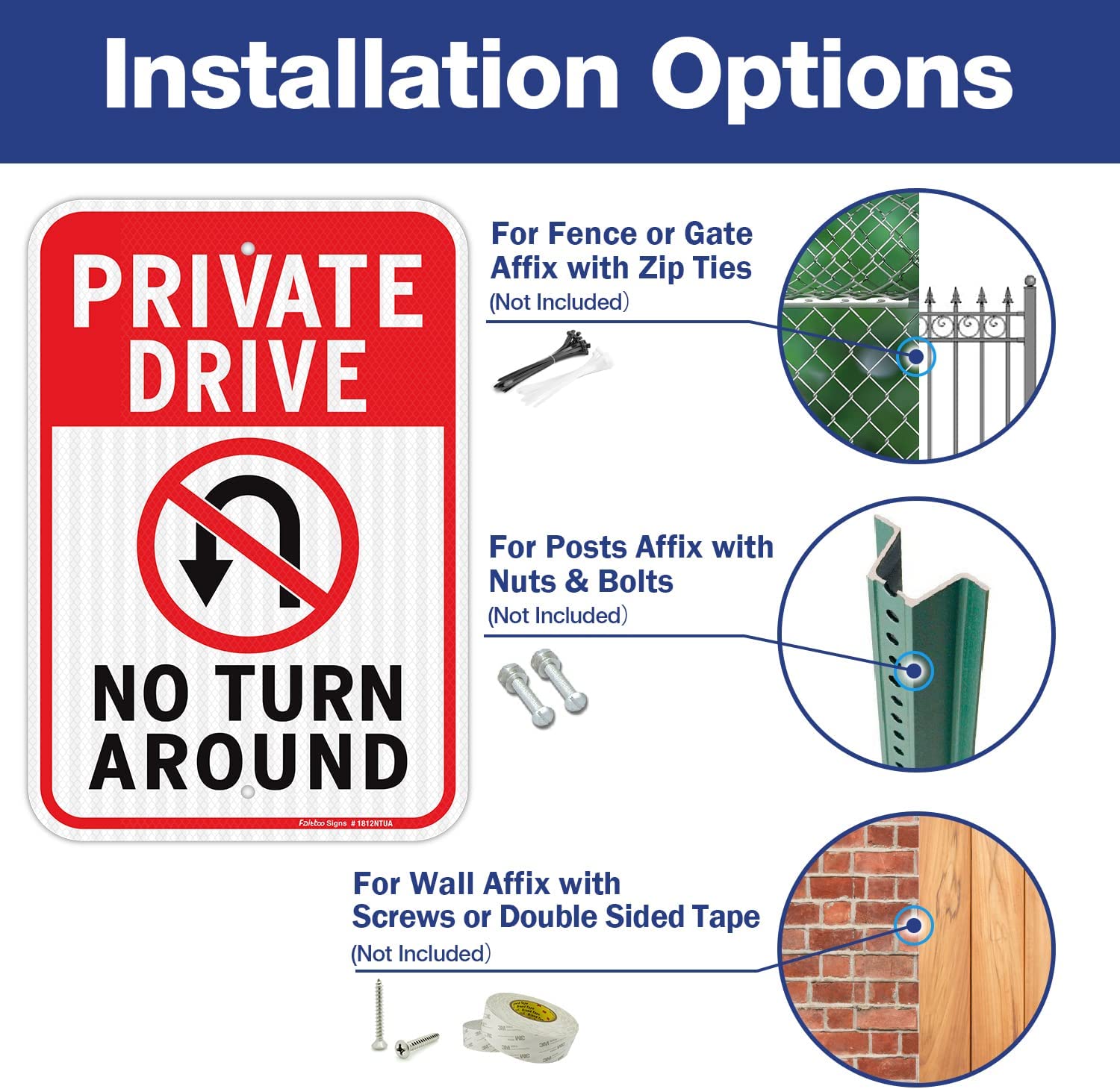 Faittoo Private Drive No Turn Around Sign, 18 x 12 Inches Engineer Grade Reflective Sheeting Rust Free Aluminum, UV Protected, Weather/Fade Resistant, Easy to Install and Read, Indoor/ Outdoors Use