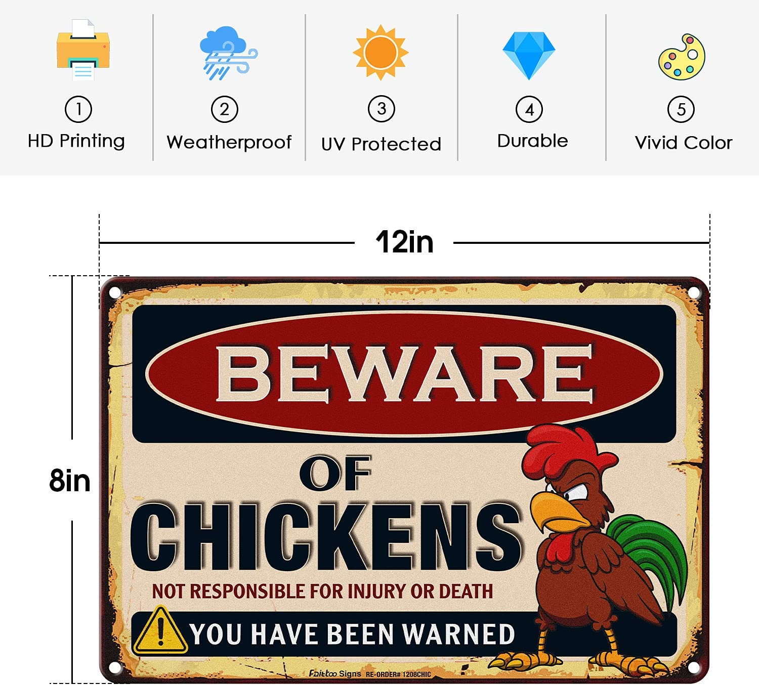 Beware of Chicken Sign, Chicken Coop Decor,8 x 12 Inch Rust Free Aluminum, Not Responsible for Injury or Death You Have Been Warned Vintage Metal Sign,Reflective,Weather/Fade Resistant, Easy to Mount