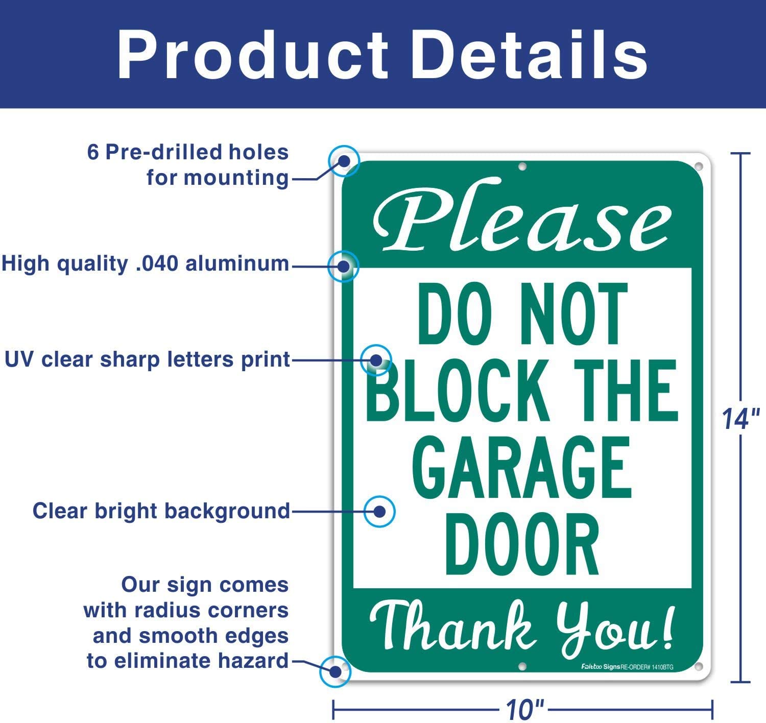 Do Not Block Garage Door Sign, No Parking Sign, 14 x 10 Inches .040 Rust-Free Aluminum, UV Protected, Weather Resistant, Waterproof, Durable Ink, Easy to Mount