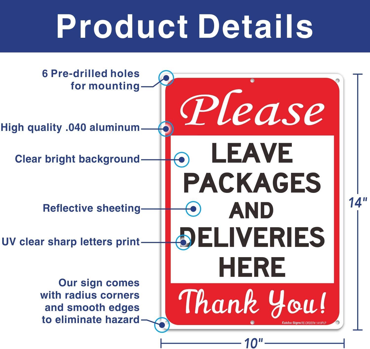 Faittoo Please Leave Packages and Deliveries Here Sign, Reflective Aluminum Sign, UV Protected and Weatherproof, Durable Ink, Easy to Install and Read, Indoor/ Outdoors Use