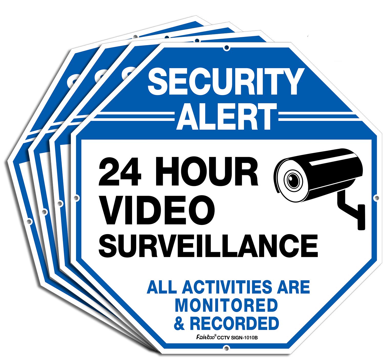 (4 Pack)"Security Alert - 24 Hour Video Surveillance, All Activities Monitored" Signs,10 x 10 .040 Aluminum Reflective Warning Sign for Home Business CCTV Security Camera, Indoor or Outdoor Use,Blue
