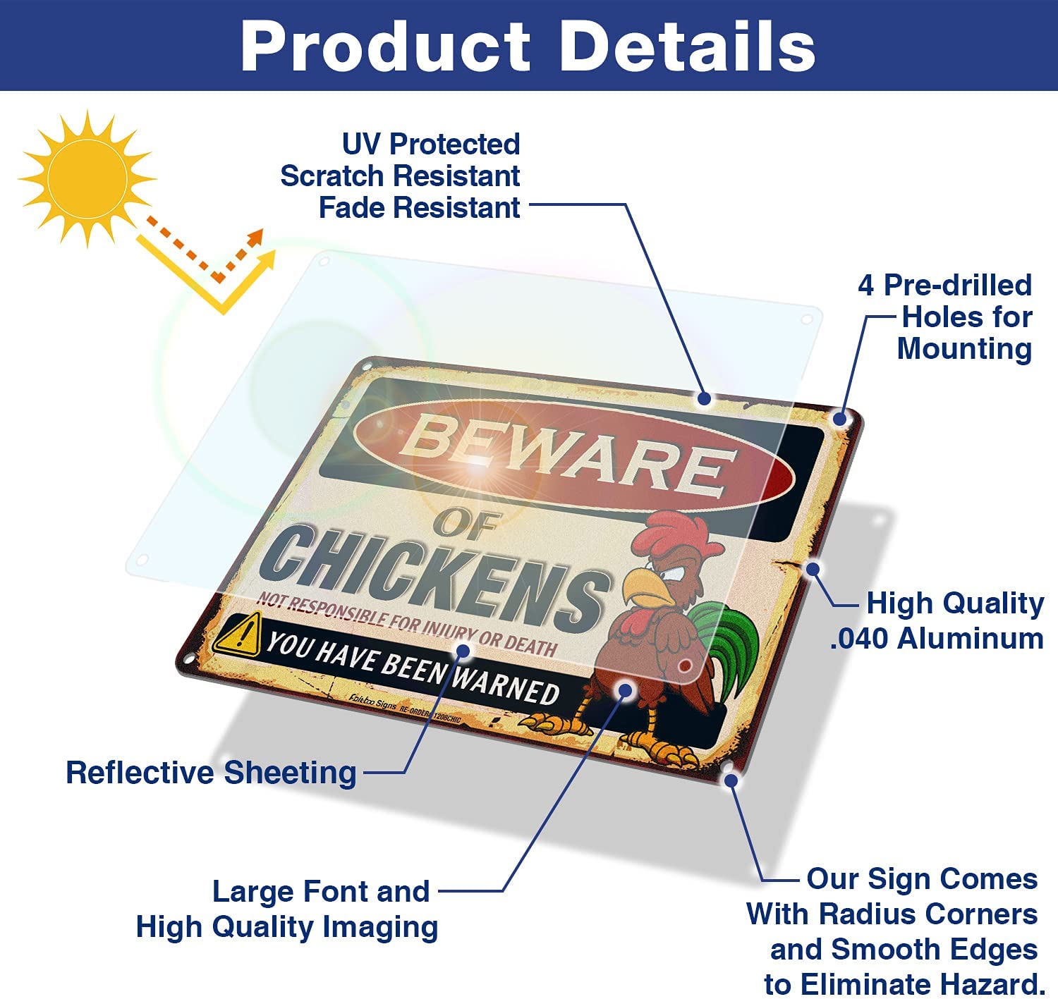 Beware of Chicken Sign, Chicken Coop Decor,8 x 12 Inch Rust Free Aluminum, Not Responsible for Injury or Death You Have Been Warned Vintage Metal Sign,Reflective,Weather/Fade Resistant, Easy to Mount