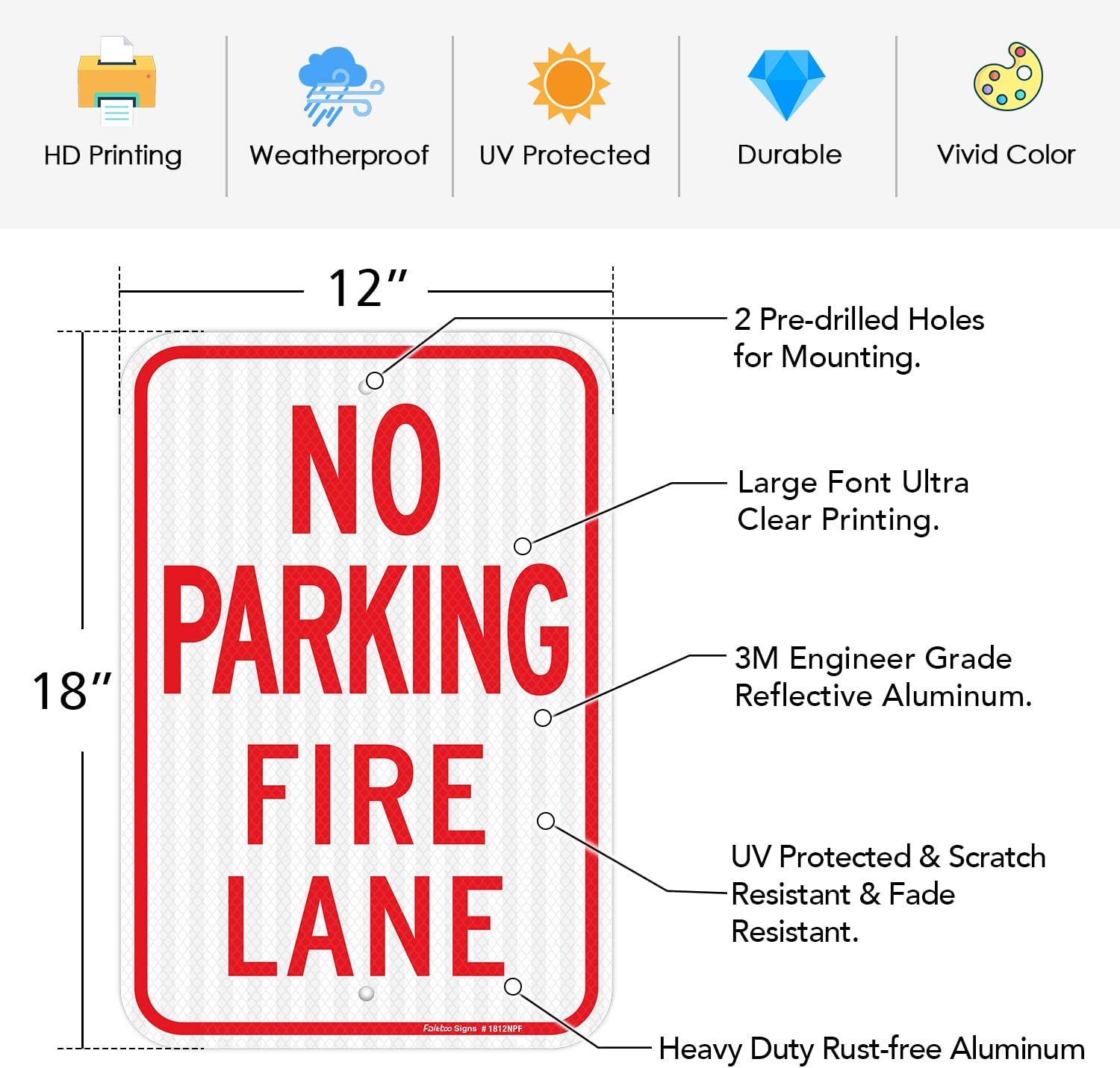 Faittoo No Parking Fire Lane Sign, 18 x 12 Inches Engineer Grade Reflective Sheeting Rust Free Aluminum, UV Protected, Weather/Fade Resistant, Easy to Install and Read, Indoor/ Outdoors Use