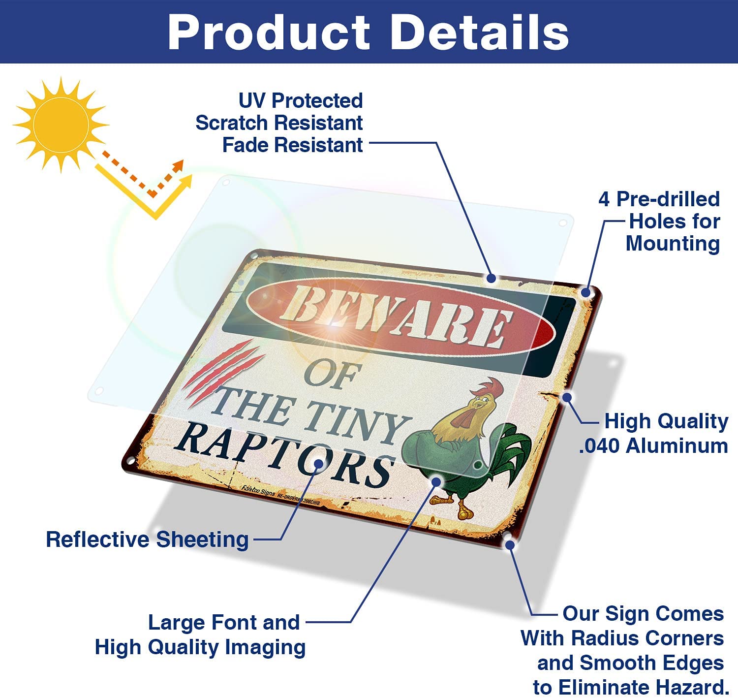 Beware of The Tiny Raptors Sign, Caution Tiny Raptors Sign, Chicken Sign, Chicken Coop Signs, 8 x 12 Inch Rust Free Aluminum Metal Chicken Decor, Reflective,Weather/Fade Resistant, Easy to Mount