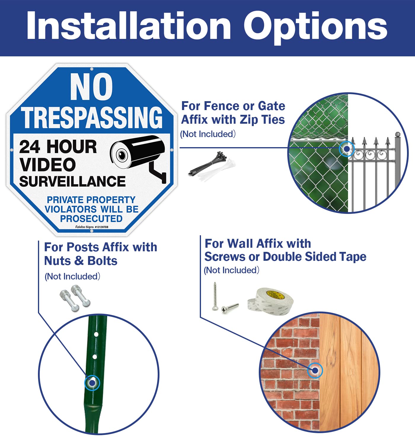 2-Pack No Trespassing Sign Private Property Protected By Video Surveillance Violators Will Be Prosecuted Sign, 12 x 12 Inch Reflective Aluminum, UV Protected, Weather/Fade Resistant, Easy to Install