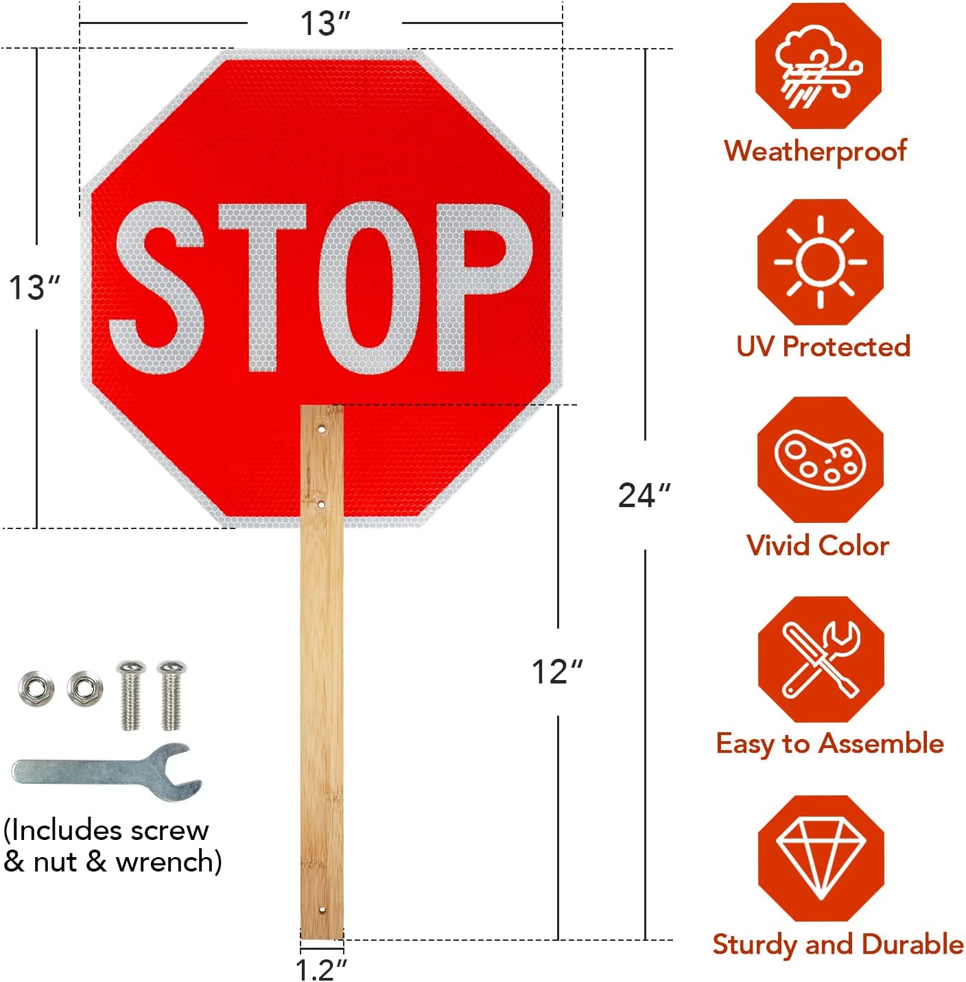Stop Slow Sign with Bamboo Handle, 13" x 13" Double Sided Engineer Grade Aluminum Sign, Reflective,Sturdy, Easy to Assemble