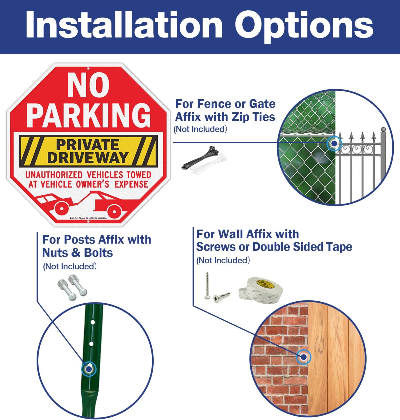 No Parking Private Driveway Sign, 2-Pack 10 x 10 Inch Unauthorized Vehicles Towed at Vehicle Owner's Expense Aluminum Sign, Reflective, Weatherproof, Non-Fading, Easy to Install, Indoor/Outdoors Use