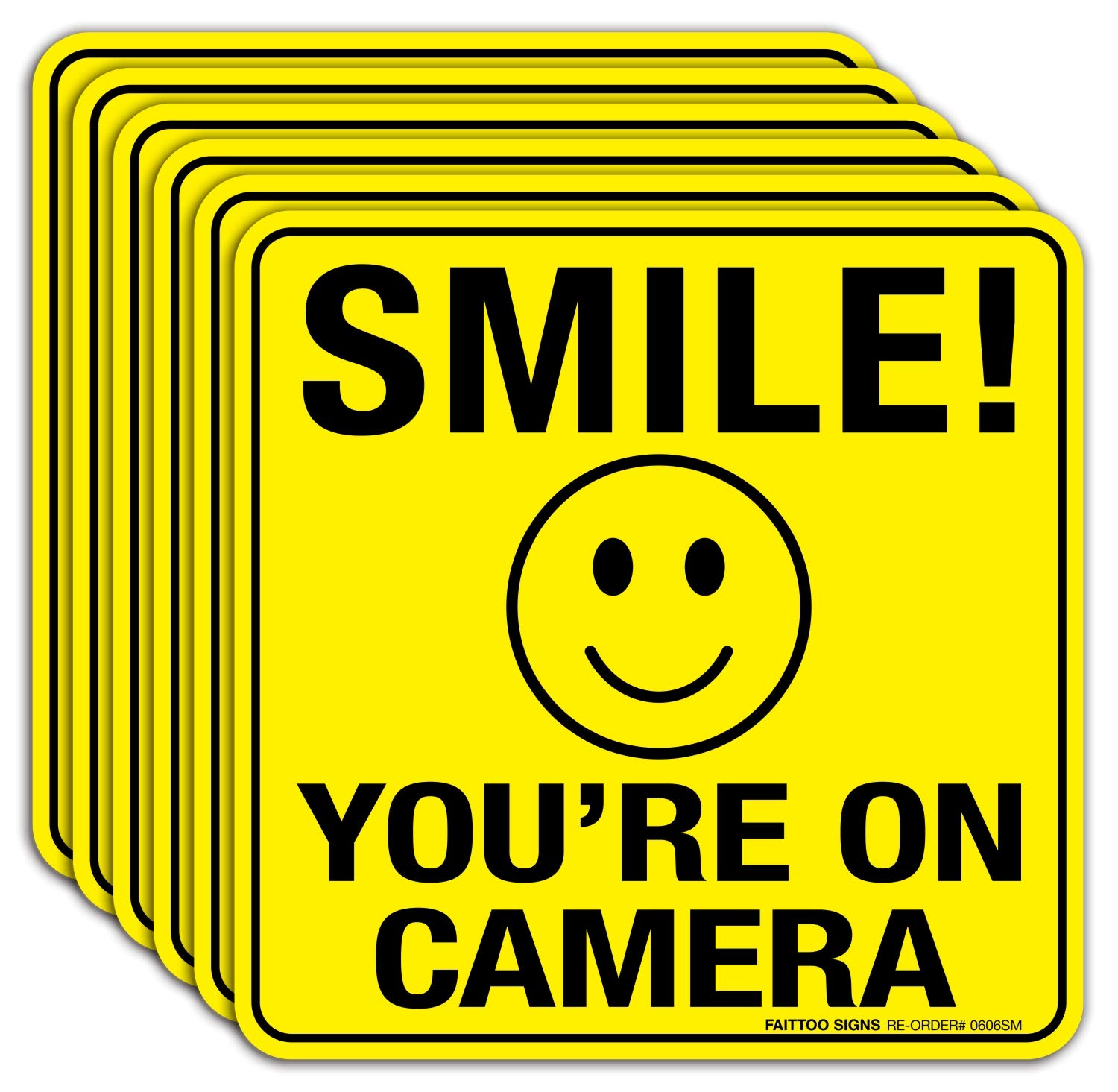 Smile You're On Camera Sign Stickers 6 Pack - 6 x 6 Inches- 4 Mil Vinyl - Laminated for Ultimate UV, Weather, Scratch, Water and Fade Resistance - Easy To Stick - Use for CCTV Security Camera