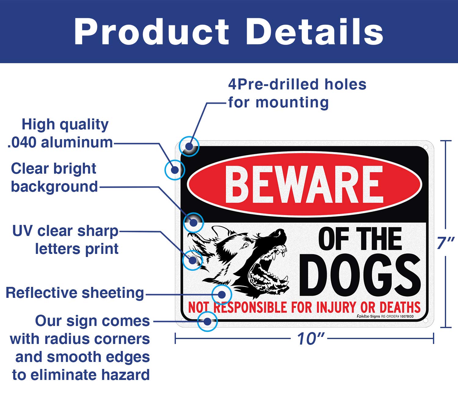 Beware of Dog Sign Not Responsible for Injury or Death,10x7 Inch Rust Free Aluminum Metal Sign, Reflective, Fade Resistant,Weather Resistant, Easy to Mount