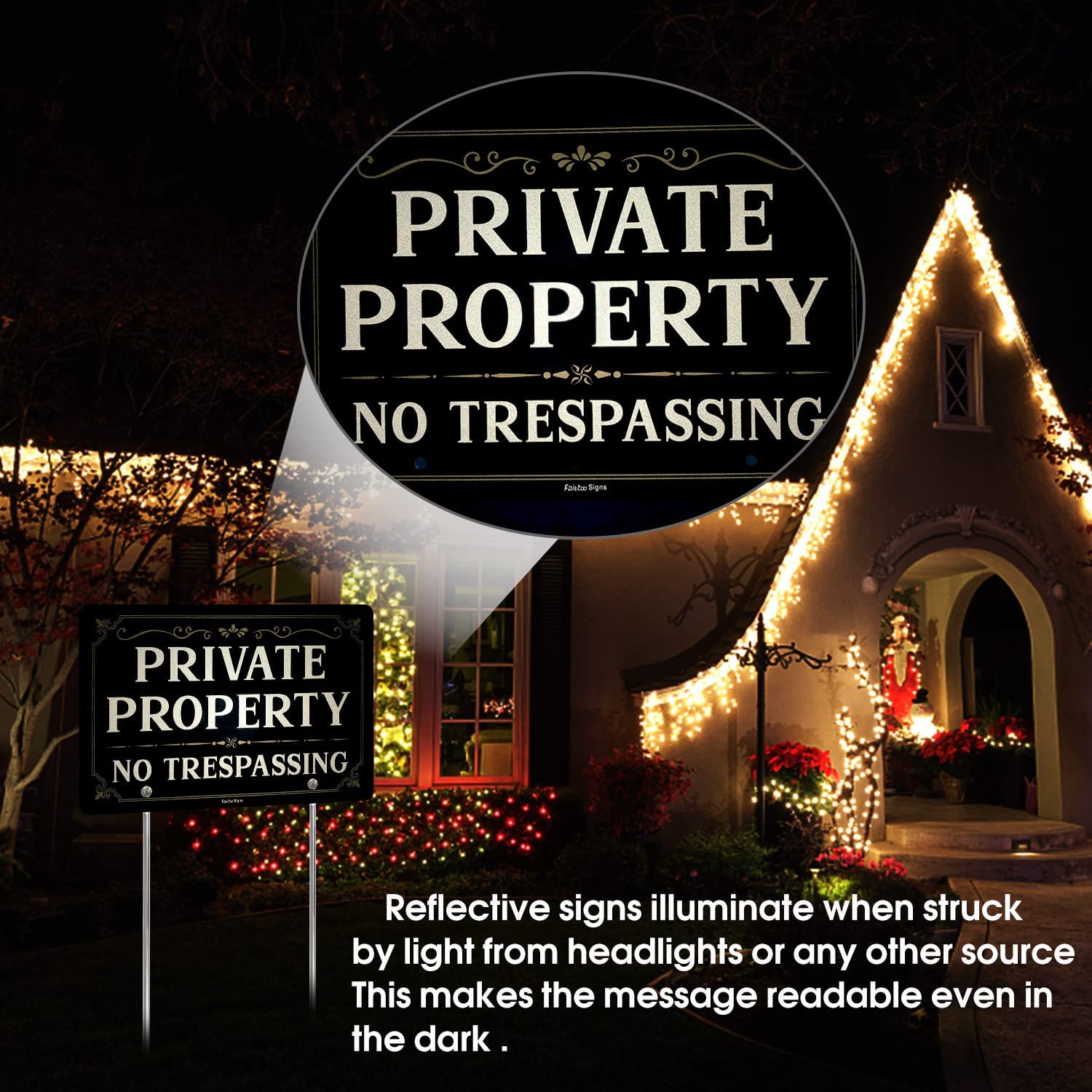 Faittoo Private Property No Trespassing Sign with Metal Stakes, 12 x 8 Heavy Duty Aluminum, Reflective, Fade Resistant,UV Protected,Weatherproof Easy to Assemble, Up to 7 Years Indoor/Outdoor Use