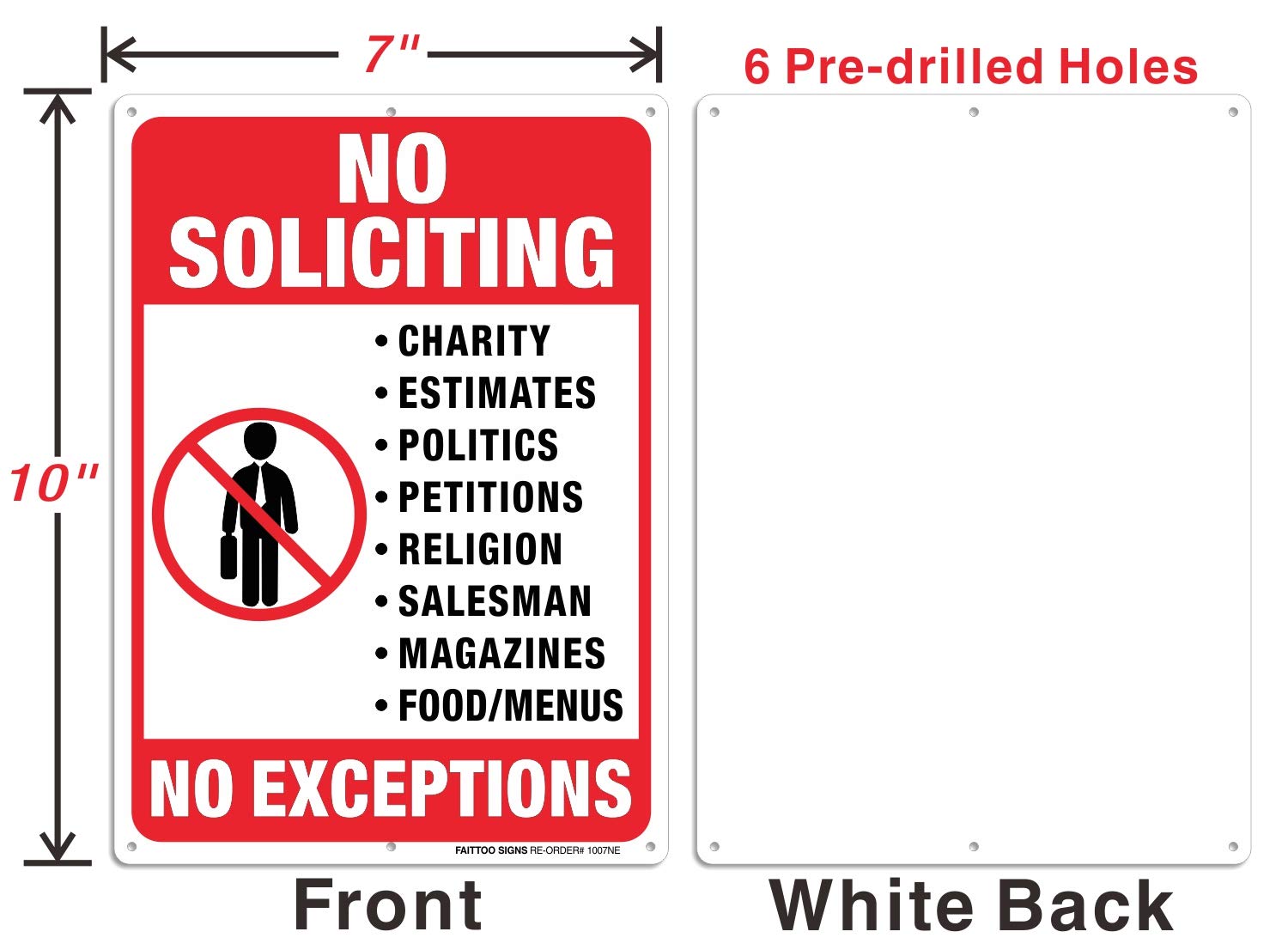 No Soliciting Sign for House, No Exception Metal Reflective Warning Sign 2 Pack, Sturdy 10 X 7 Rust Free .040 Aluminum Sign Indoor &amp; Outdoor Use for Business, UV Protected &amp; Waterproof, Easy to Mount