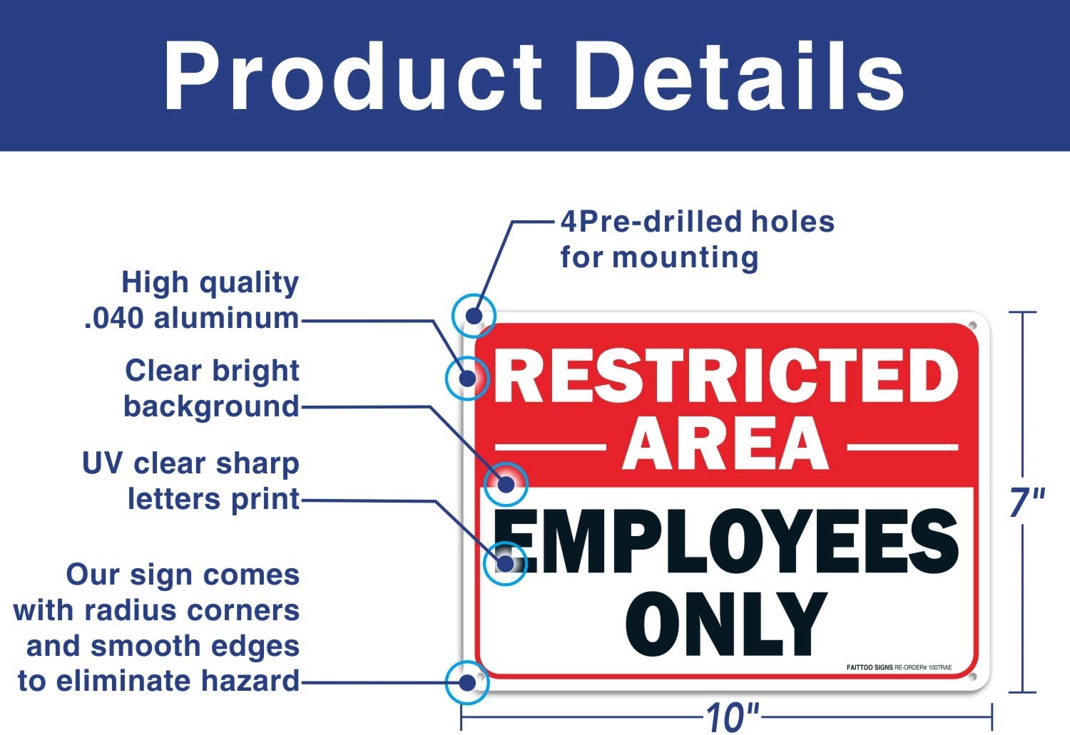 Faittoo Restricted Area Employees Only Sign, 10 x 7 Inches .40 Rust Free Aluminum , UV Protected, Weather Resistant, Waterproof, Durable Ink, Easy To Mount